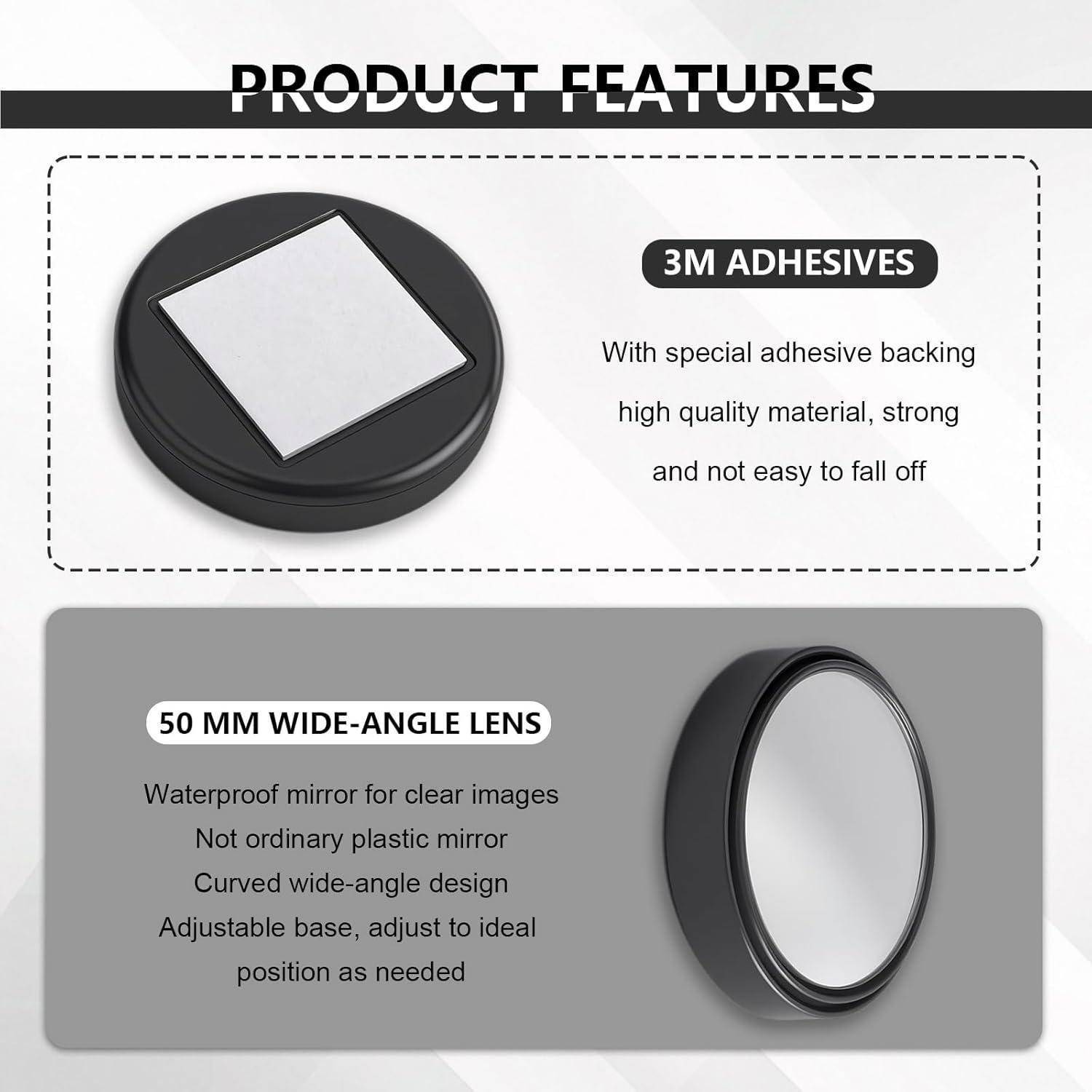 Produktfunktionen-Grafik mit einer 3M-Klebeschicht und einem 50 mm Weitwinkel-Spiegelelement mit wasserdichtem, gebogenem, verstellbarem Design.