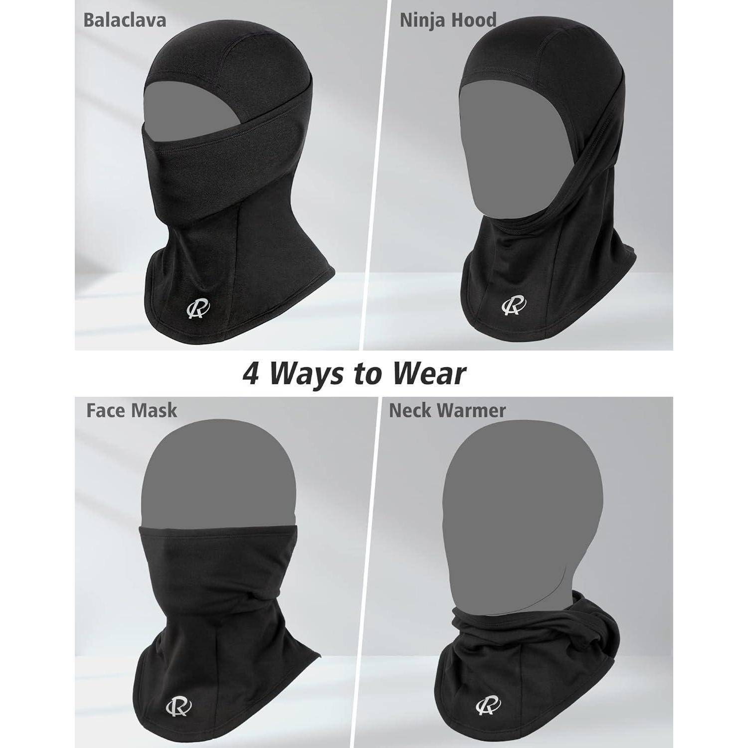 Infografik zeigt eine schwarze multifunktionale Haube, die auf 4 Arten getragen wird: Sturmhaube, Ninja-Haube, Gesichtsmaske und Nackenwärmer.