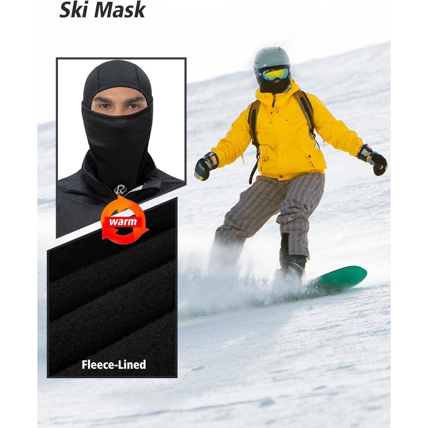 Skimaske-Produktbild, das eine schwarze Fleece-gefütterte Gesichtsbedeckung mit der Bezeichnung "warm"" neben einem Snowboarder in einer gelben Jacke im Schnee zeigt.