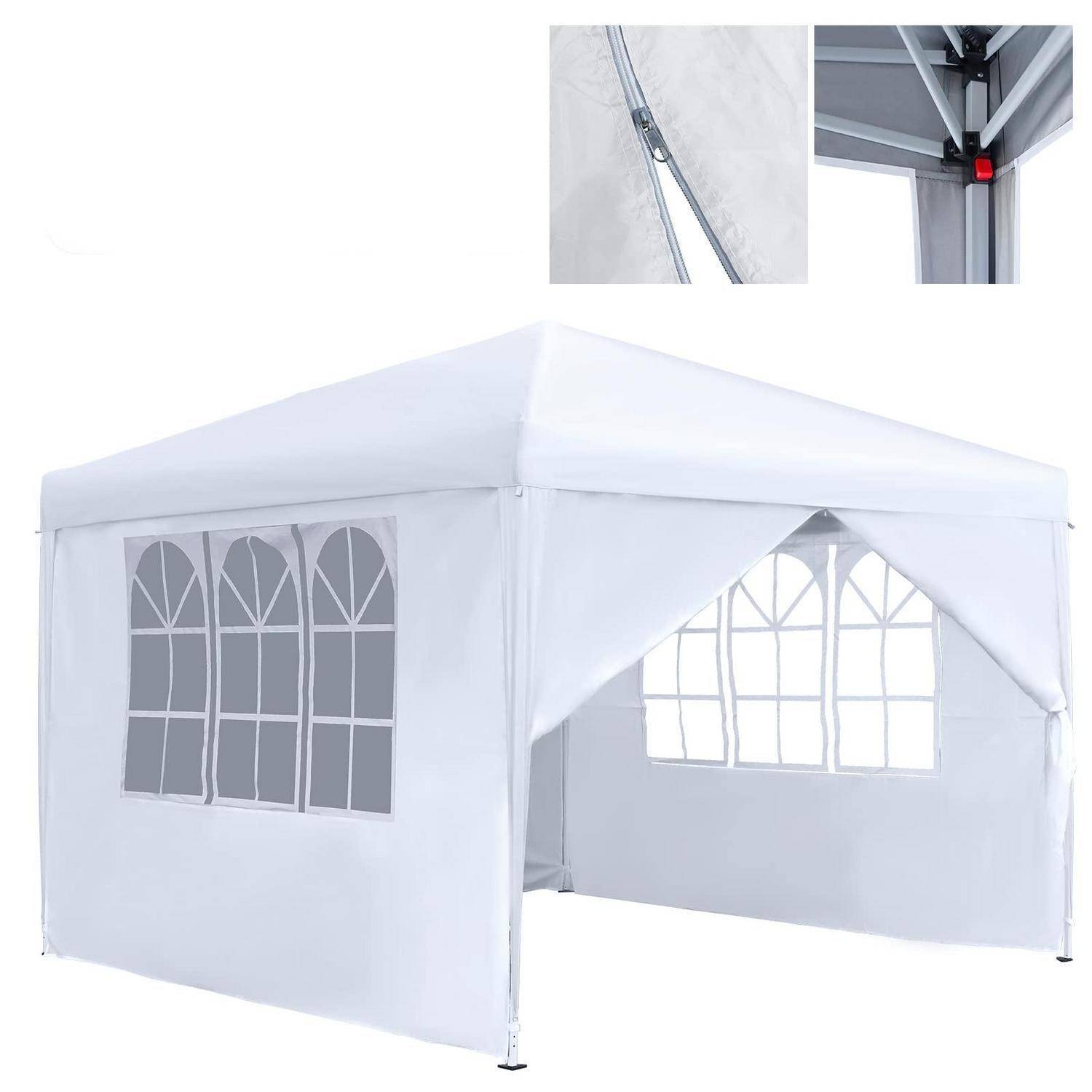 Weißes Pop-Up-Gazebo-Zelt mit Seitenwänden und Fensterfeldern, teilweise offen dargestellt mit Nahaufnahmen von Reißverschluss und Eckverbinder.