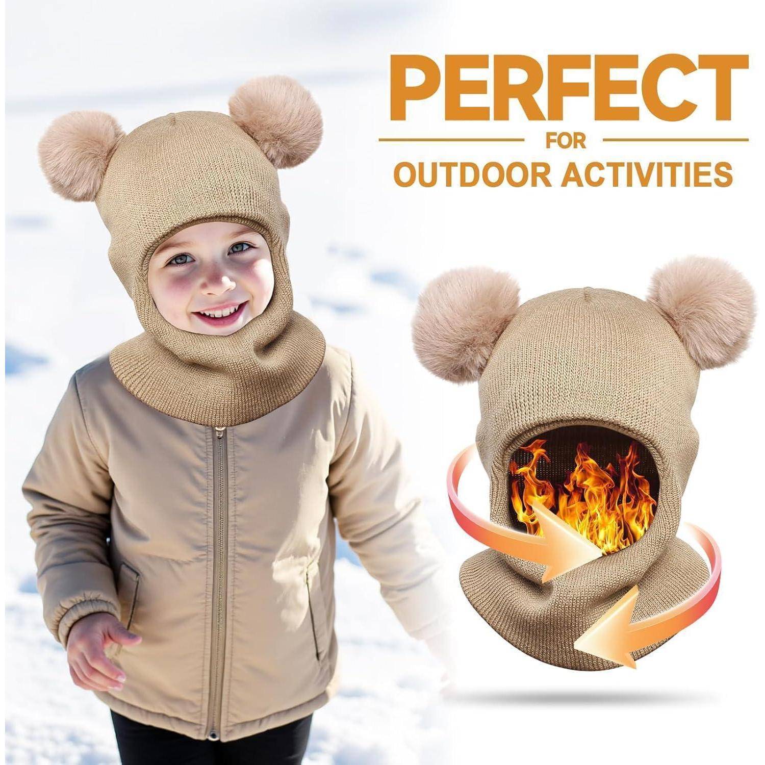 Kind in beiger Wintermütze und Jacke neben Produktbild einer Bärenmütze mit Flammen innen, beschriftet „PERFEKT FÜR OUTDOOR-AKTIVITÄTEN".