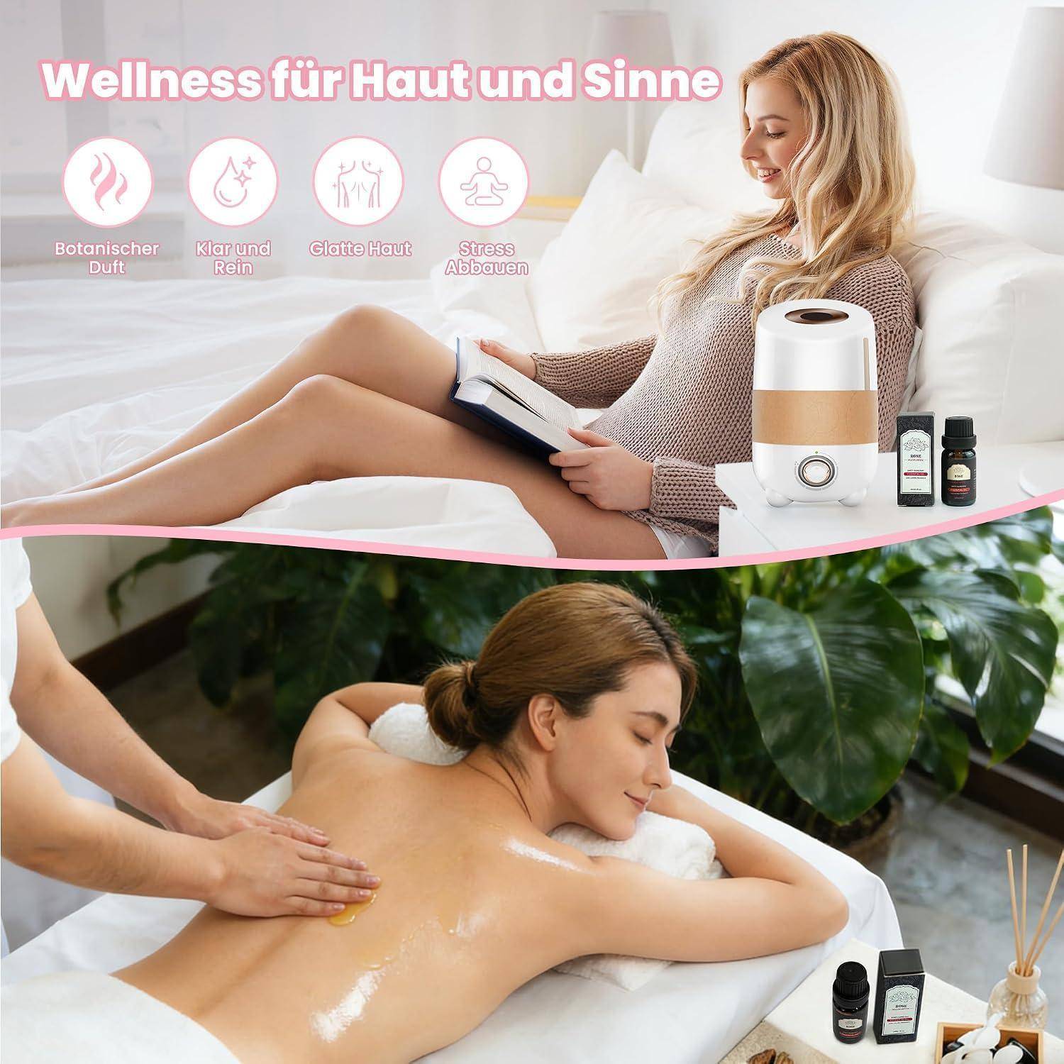 Werbebilder für Wellness mit einer Frau, die sich mit einem Buch neben einem Luftbefeuchter und Ölen entspannt, plus eine Massageszene, mit dem Label 