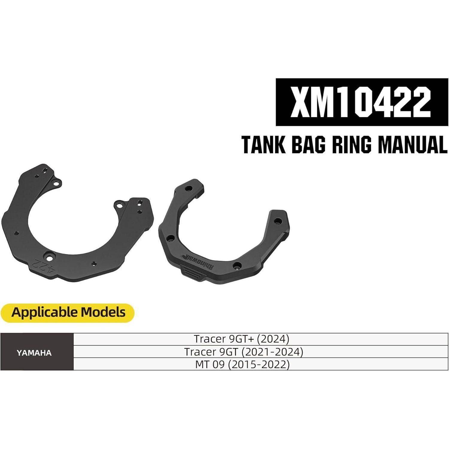 Produktbild für XM10422 Tankrucksack-Ringhalterung Bedienungsanleitung mit zwei schwarzen Montageringen und entsprechenden Yamaha-Modellen: Tracer 9GT, Tracer 9GT (2021-2024), MT 09 (2015-2022).