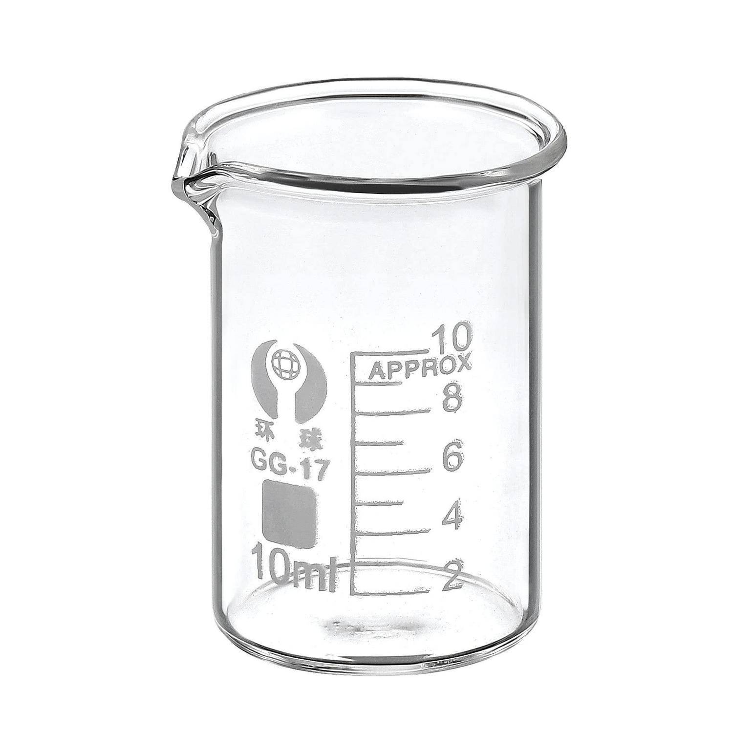 Klares 10-ml-Glastechnikbehältnis mit Ausgussspitze und aufgedruckten Volumenmarkierungen.