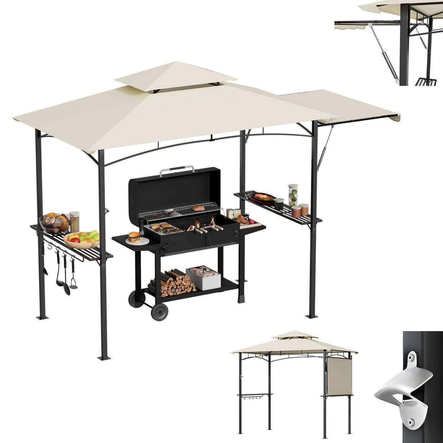 Überdachte Grillhütte im Gazebo-Stil mit Dach, eingebauter Grillanlage, Seitenregalen und hängenden Utensil-Haken; enthält kleine Detailansichten der Struktur und des Seitenpanels.