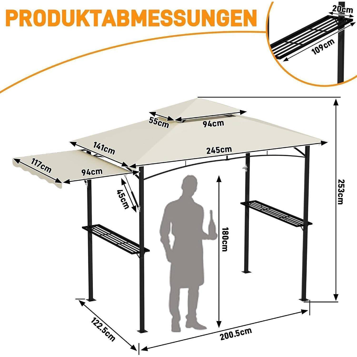 Produktmaße-Diagramm eines Unterstandsdaches: 245 cm breit, 253 cm hoch, 200,5 cm tief, mit Markierungen der Maße von Bank und Paneelen in Zentimetern.
