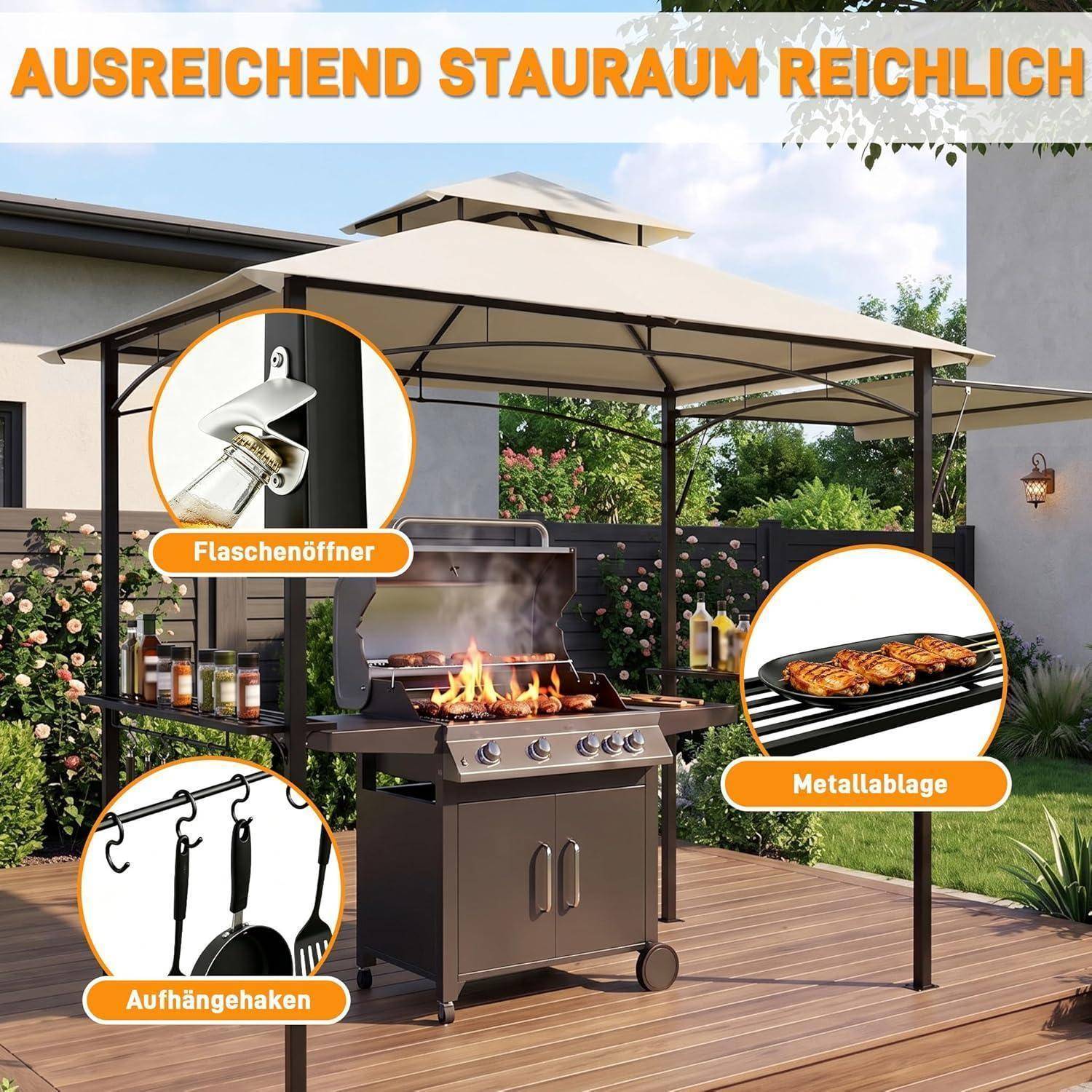Werbebild eines Außengasgrills auf einer Terrasse unter einem Vordach, das Funktionen wie Flaschenöffner, Metalltablett und Hängehaken hervorhebt, mit deutschem Text „AUSREICHEND STAURAUM REICHLICH