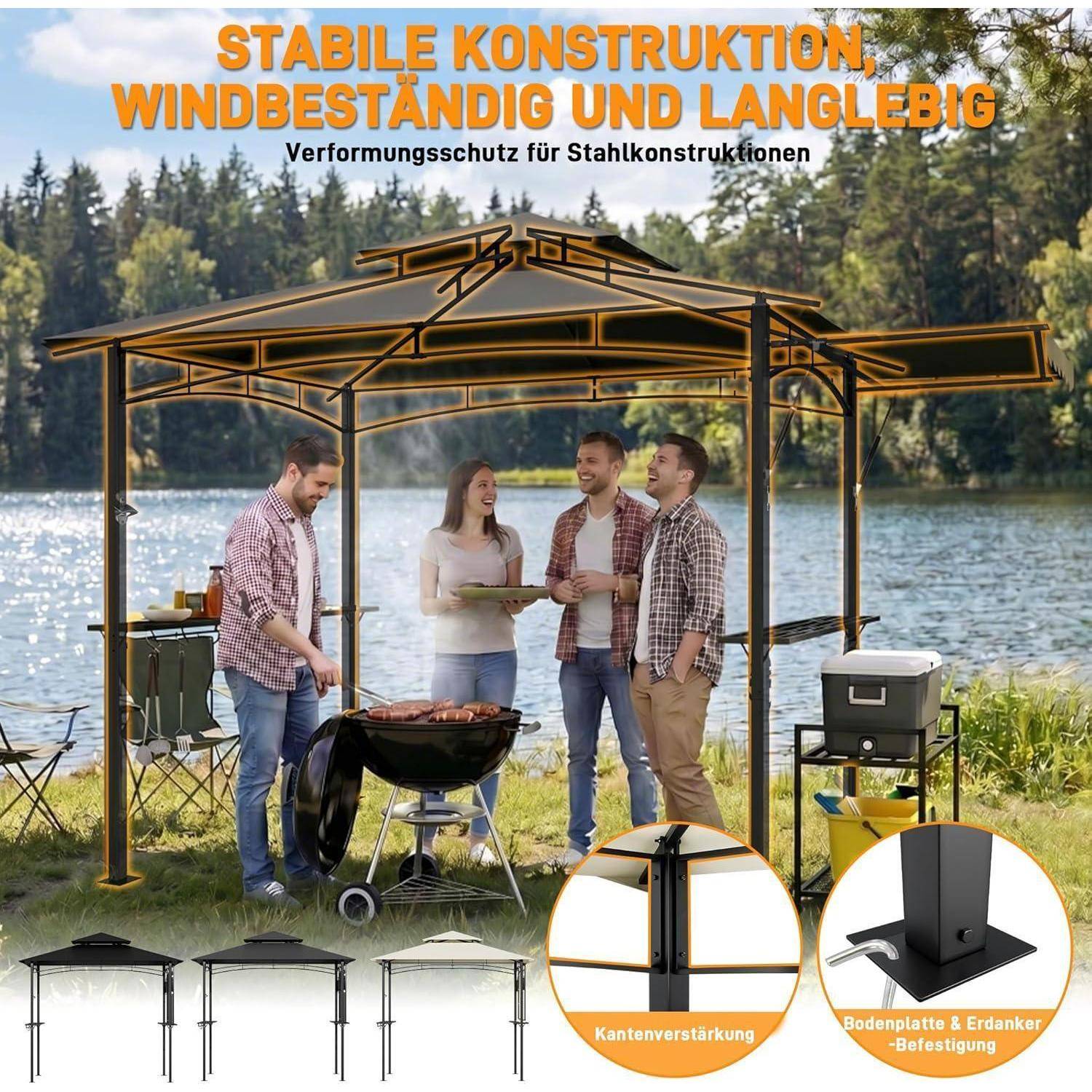 Werbebild einer Stahlgartenpergola an einem See mit vier Personen beim Grillen; deutscher Text sagt „stabile Konstruktion, windresistent und langlebig