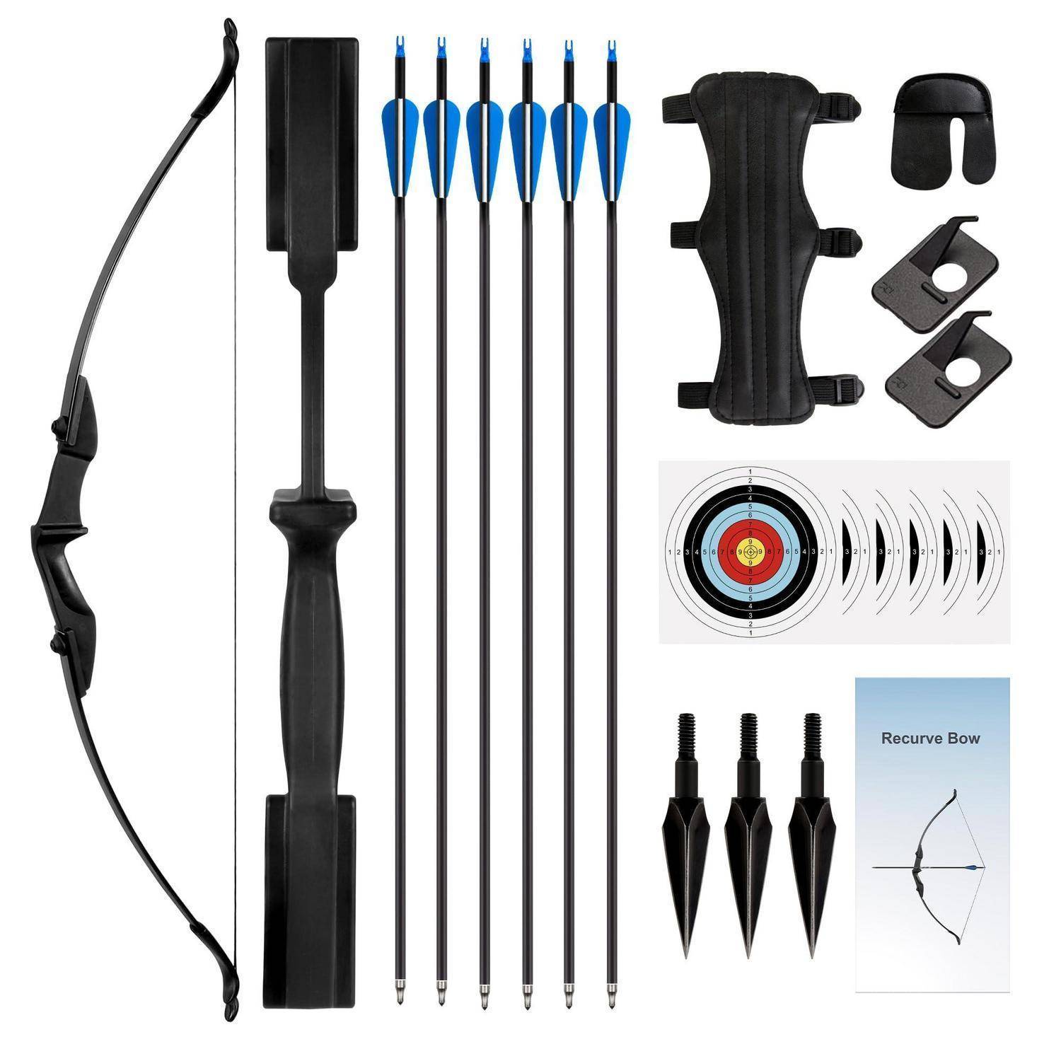Recurvebogen-Bogenschießset mit Bogen, Pfeilen, Köcher, Armschutz, Fingertab, Pfeilspitzen, Zielscheibe und Anleitung