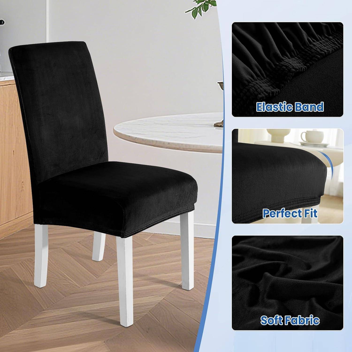 Schwarze elastische Stuhlhusse auf einem Esszimmerstuhl, mit eingefügten Nahaufnahmen mit den Beschriftungen „Elastisches Band