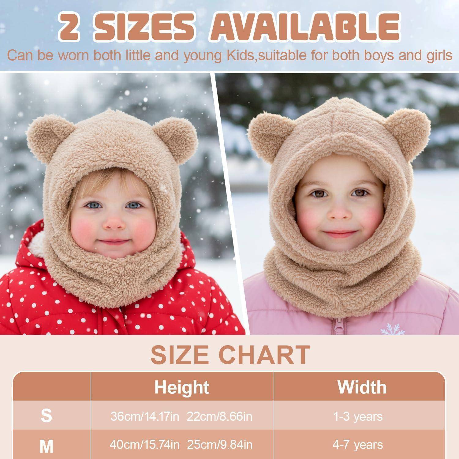 Werbebild zeigt eine Kinder-Wintermütze mit Bärenohren, erhältlich in zwei Größen, mit Fotos von zwei Kindern, die sie tragen, und einer Größentabelle für S und M.