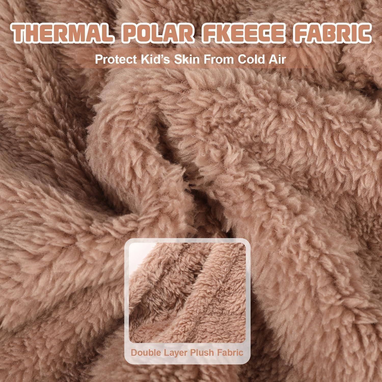 Nahaufnahme von braunem thermischem Polar-Fleece-Stoff mit Text, der 