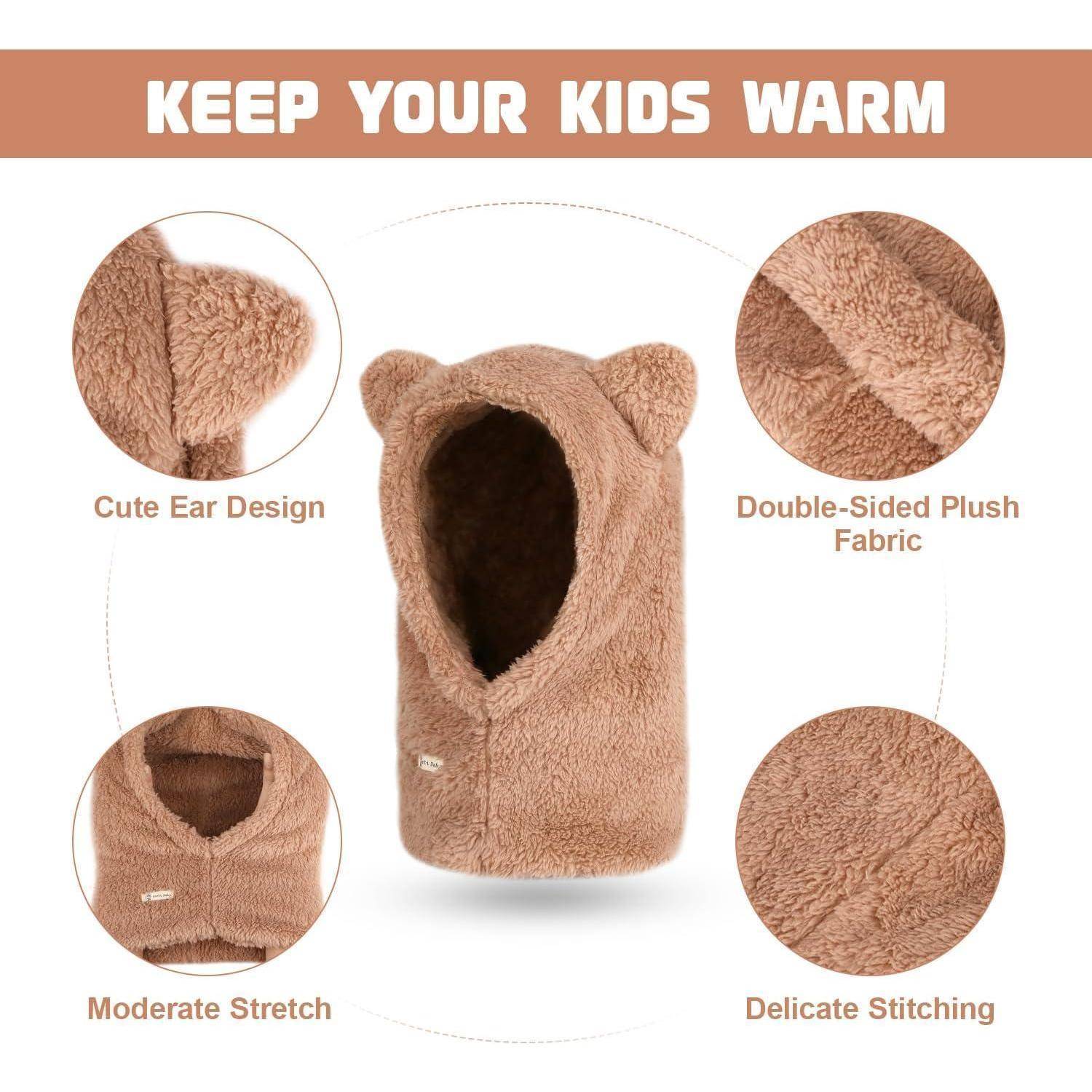 Beige Kapuzen-Kinder-Plüsch-Weste mit Ohrendesign, zeigt Nahaufnahmen von doppelseitigem Stoff, moderater Dehnbarkeit und feiner Nähverarbeitung.