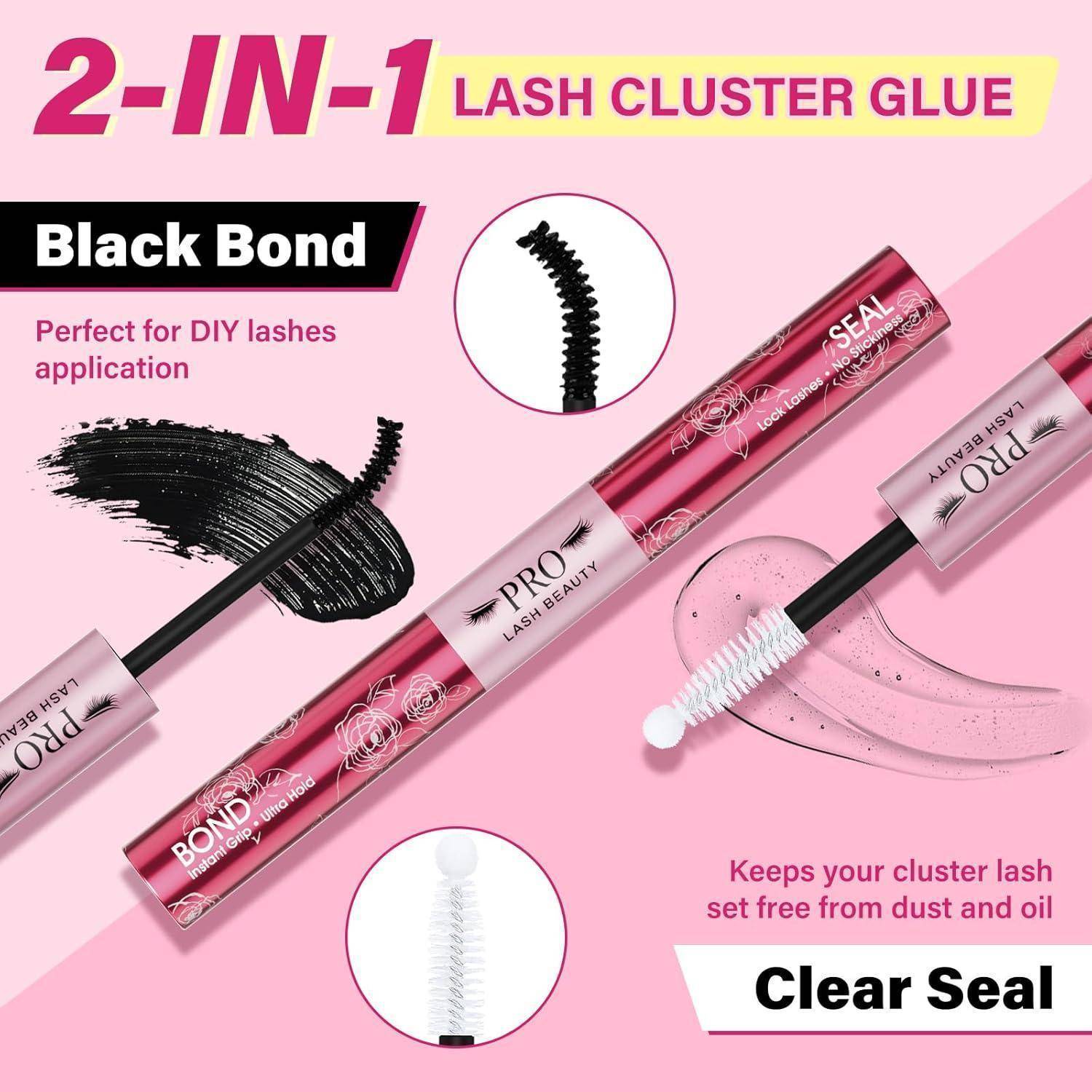 Rosa Anzeige für 2-in-1 Wimperncluster-Kleber mit Black Bond und Clear Seal Tuben, mit Applikatorbürsten und Text für DIY-Cluster-Wimpern.
