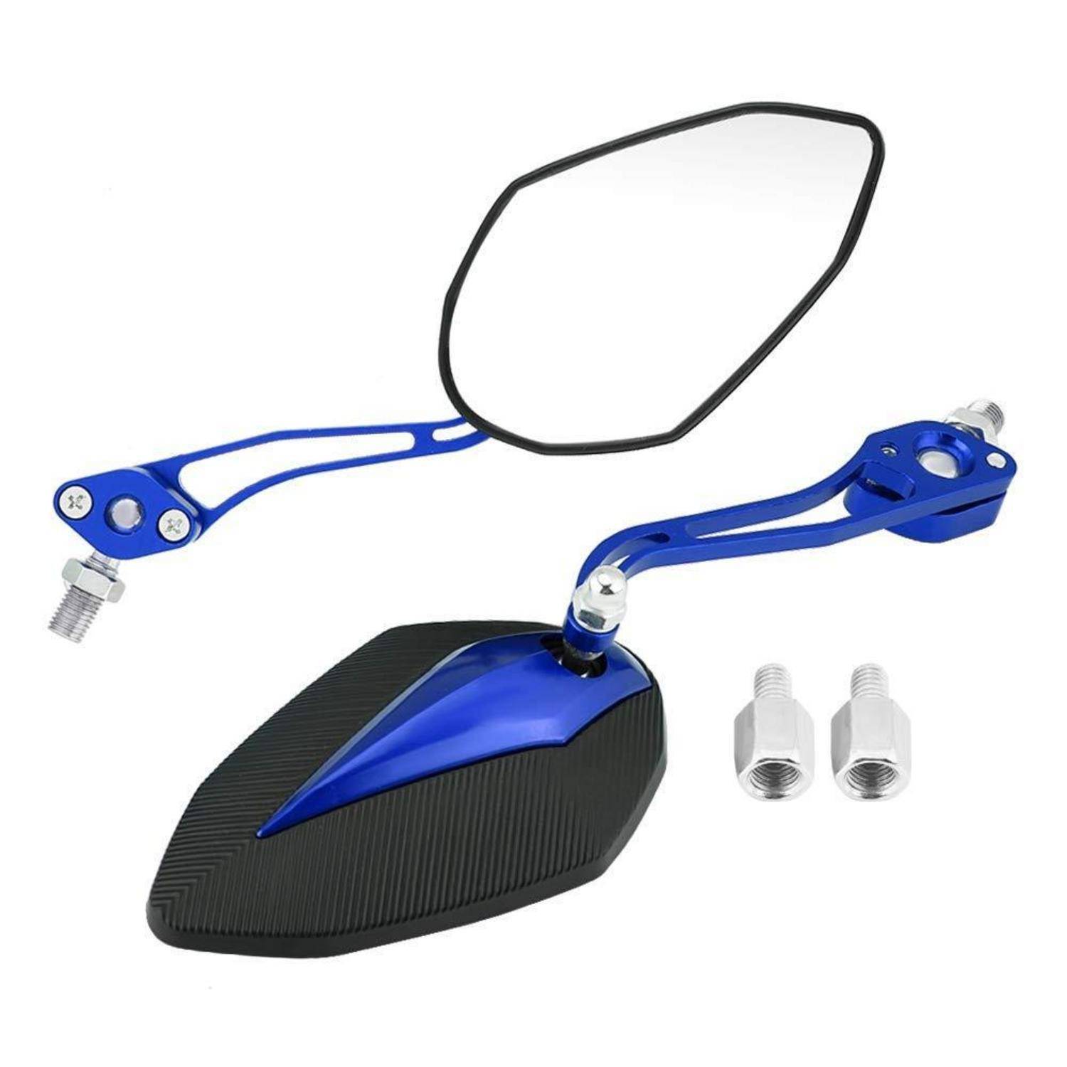 Paar blauer Motorrad-Lenkerrspiegel, einer montiert auf einem schwarzen ovalen Spiegelgehäuse und einer mit abgelöster Montagehardware dargestellt.
