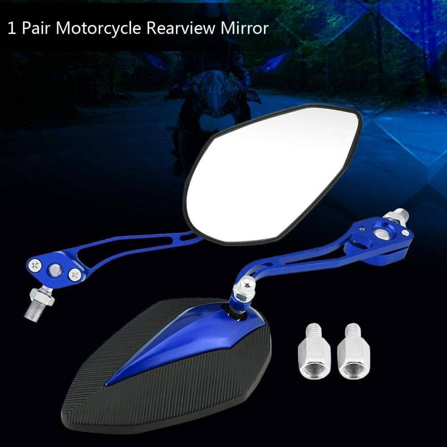 Produktbild eines Paars blauer Motorrad-Rückspiegel mit schwarzen Spiegelhäusern und enthaltenen Montageelementen, dargestellt vor dunklem Hintergrund.