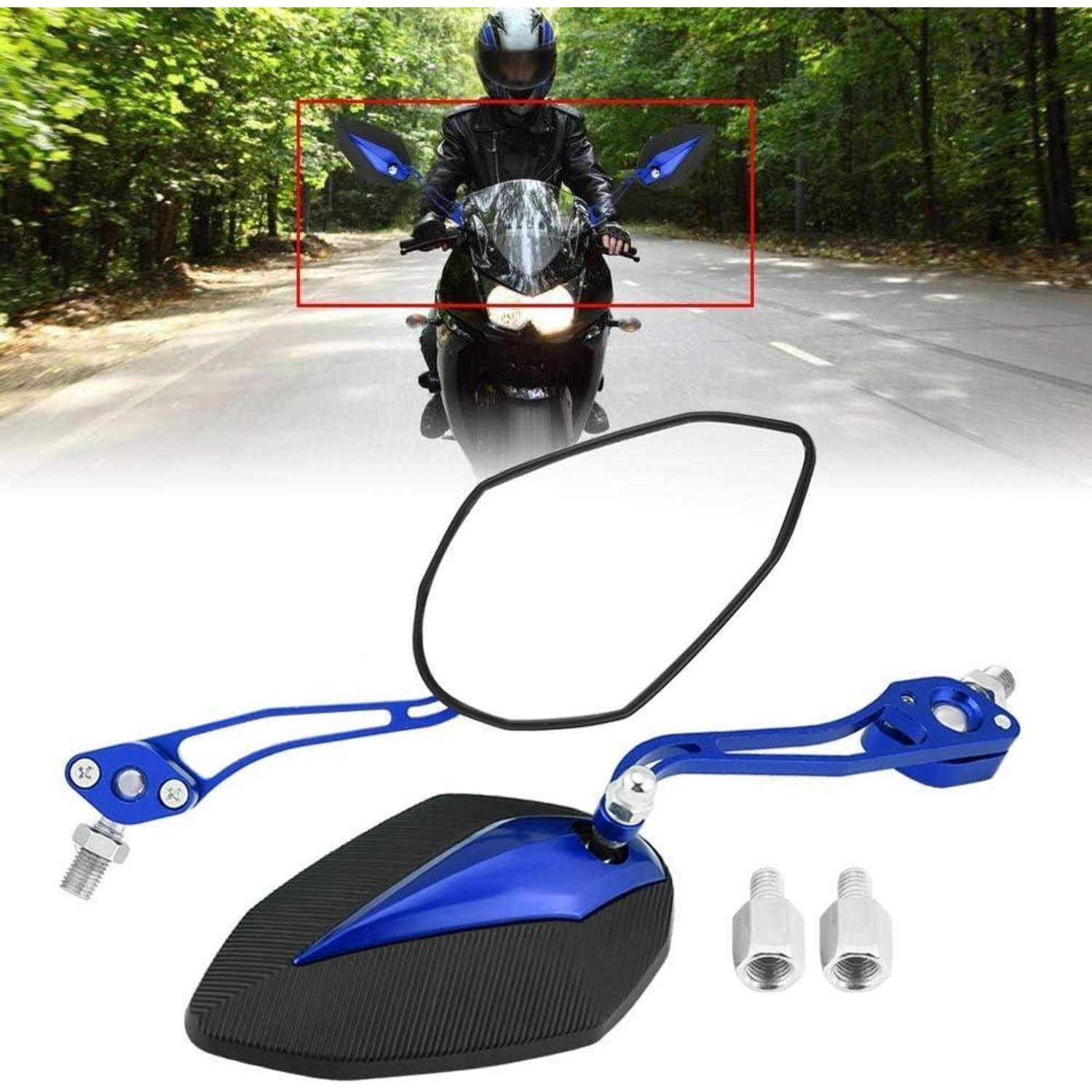 Produktbild eines blauen Motorrad-Spiegelsets mit zwei blauen Spiegeln, Adaptern und einer schwarzen Spiegeleinfassung, dargestellt mit einer Fahrerblick-Vorschau oben.
