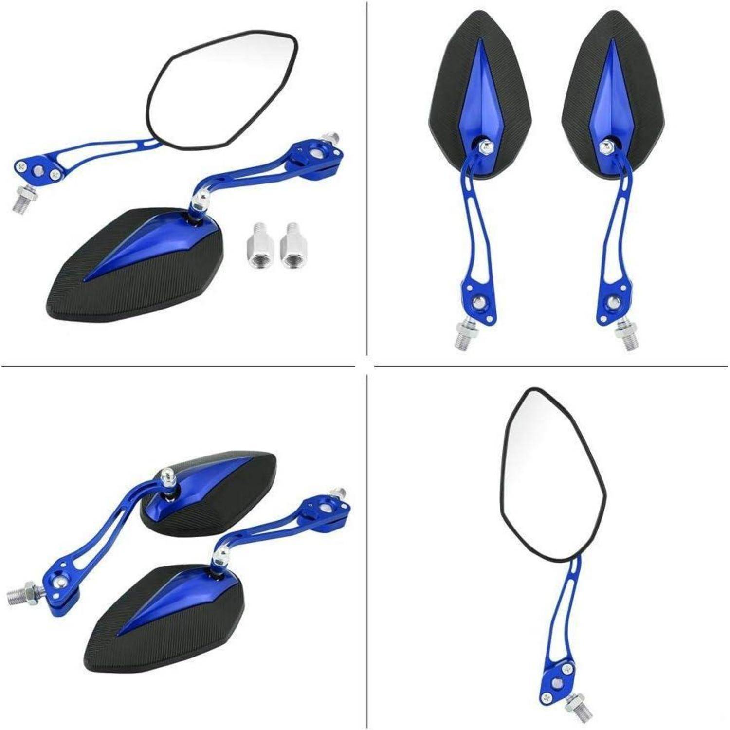 Kollektion von blauen Motorrad-Lenkerspiegeln mit schwarzen tropfenförmigen Spiegelköpfen, gezeigt aus mehreren Blickwinkeln, sowie Montagezubehör.