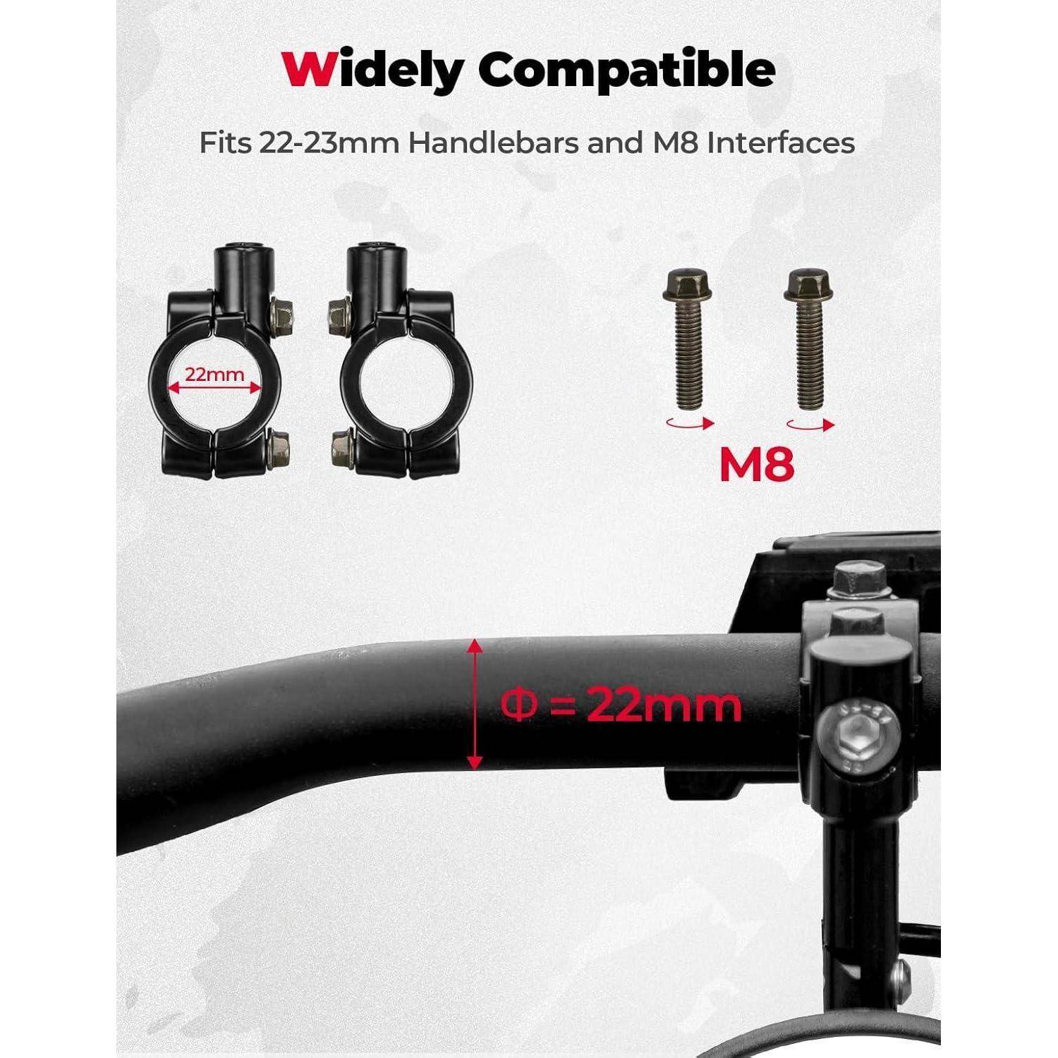 Produktkompatibilitätsgrafik mit Lenkerklemmmen für Lenker mit 22-23 mm Durchmesser und M8-Schnittstellen, mit einem Lenker mit der Bezeichnung 'Φ=22mm' und zwei M8-Schrauben.