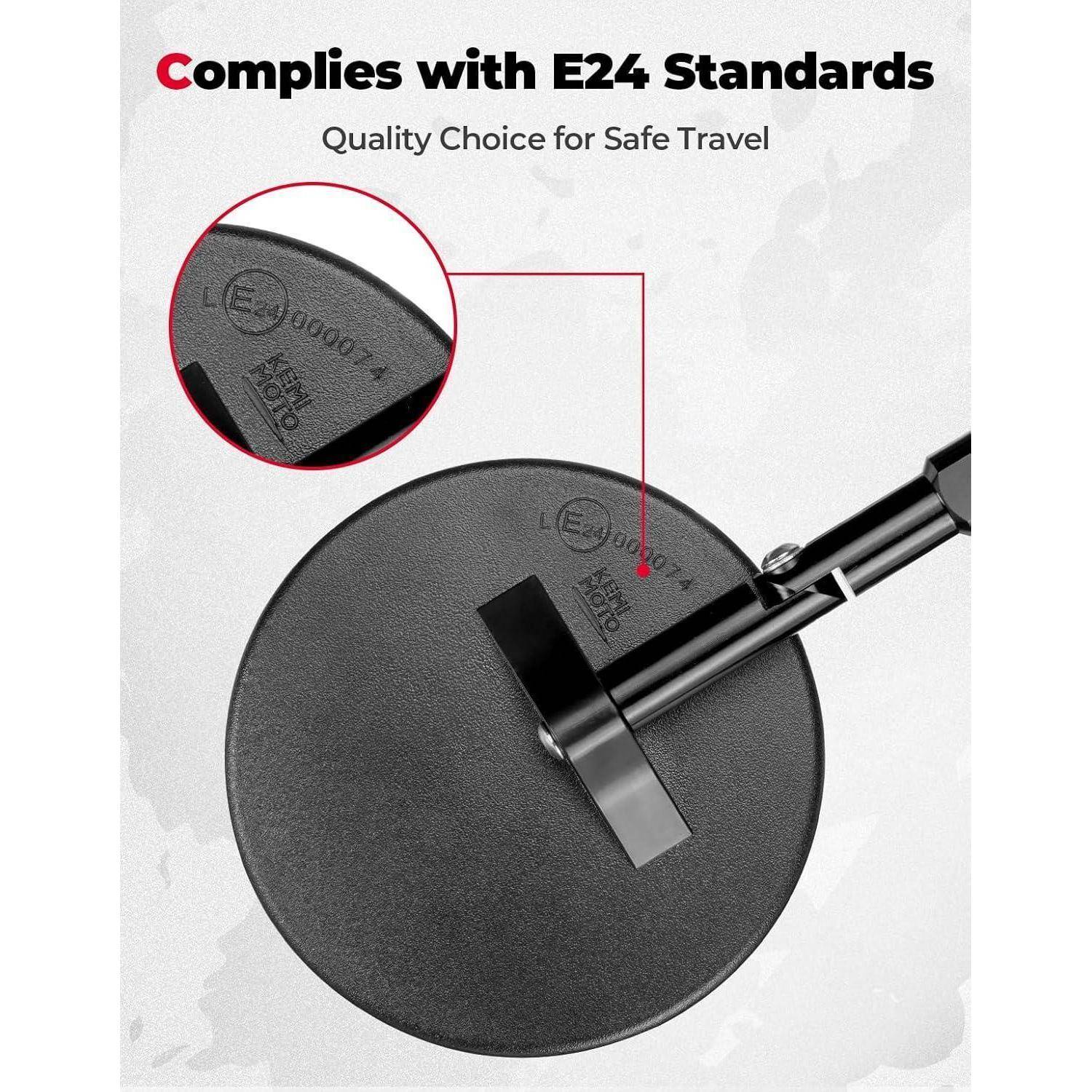 Produktbild eines schwarzen Kabels oder Steckers mit einer Nahaufnahme-Einfügung, die ein E24-Zertifizierungszeichen hervorhebt; der Text besagt „Entspricht E24-Standards