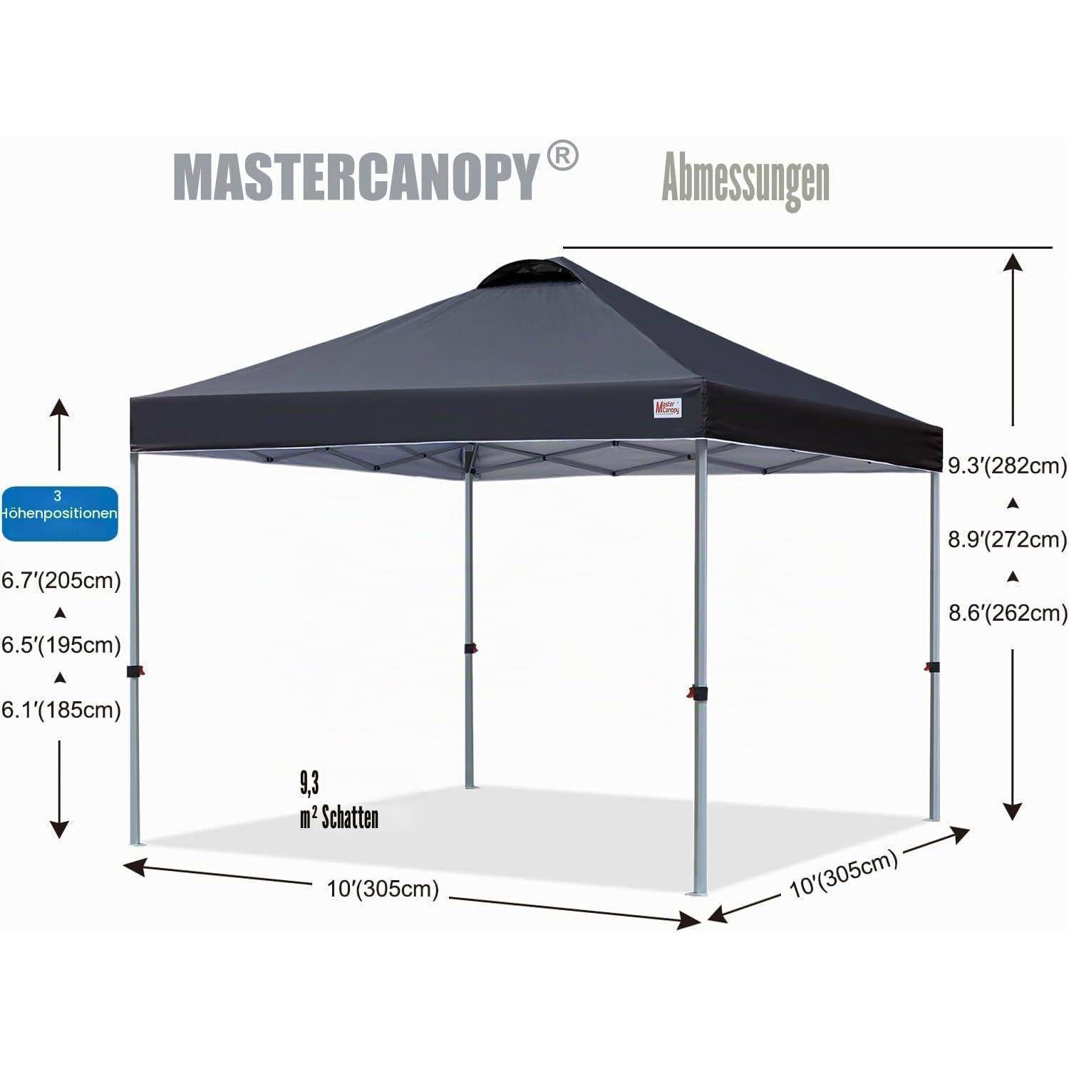 Diagramm eines MASTERCANOPY-Markisenzelt mit Abmessungen und 3 Höhenpositionen; Grundfläche 3,05 m × 3,05 m, Schattenfläche 9,3 m², Höhen 1,86 m bis 2,84 m.