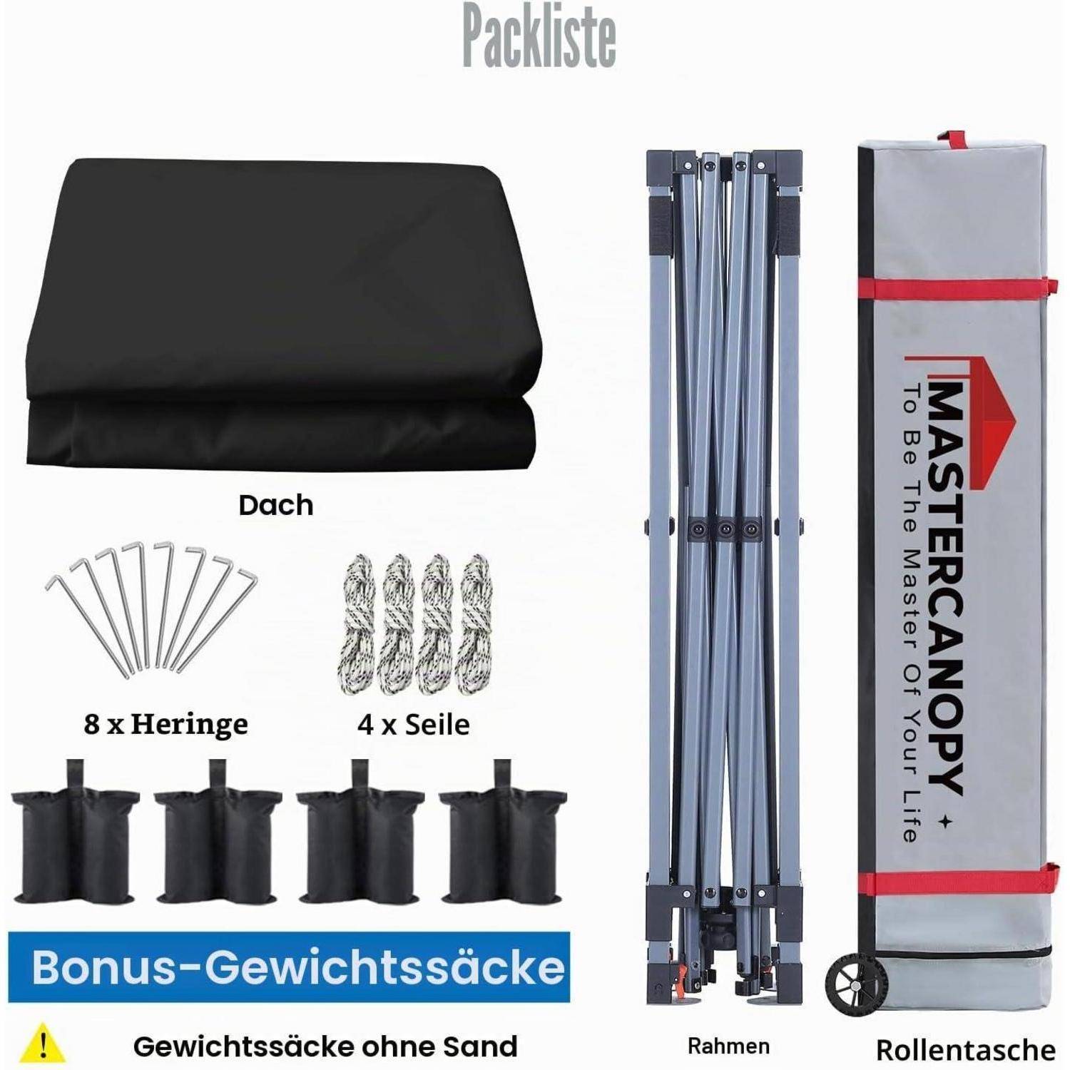 Packliste für ein MasterCanopy-Zeltset: Dachplane, Gestell, 8 Heringe, 4 Seile, 4 Gewichtsbeutel und eine Transporttasche mit Rädern.