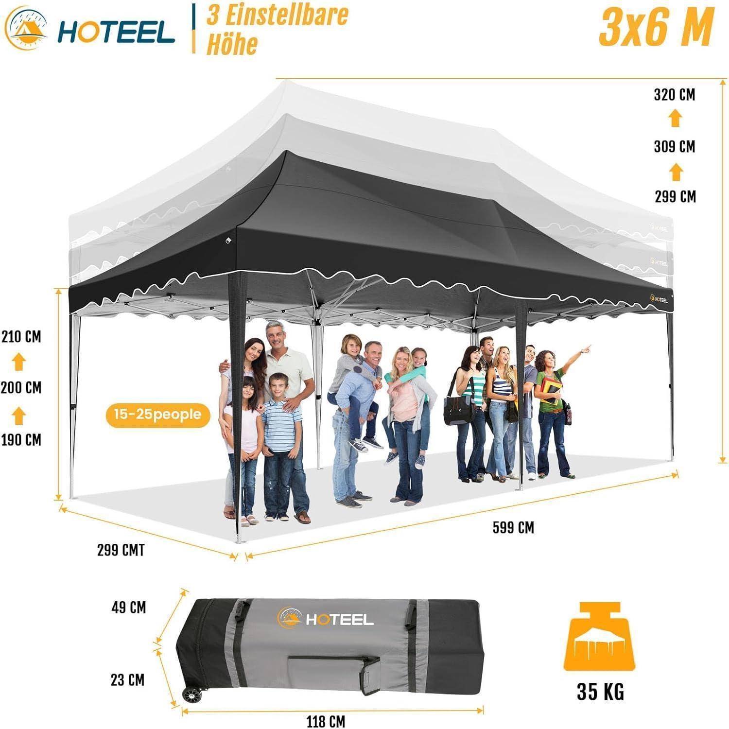 Bild eines 3x6 m Hoteel Pop-up Pavillon mit 3 verstellbaren Höhen, beschrifteten Abmessungen, Kapazität für 15–25 Personen und 35 kg Transporttasche.