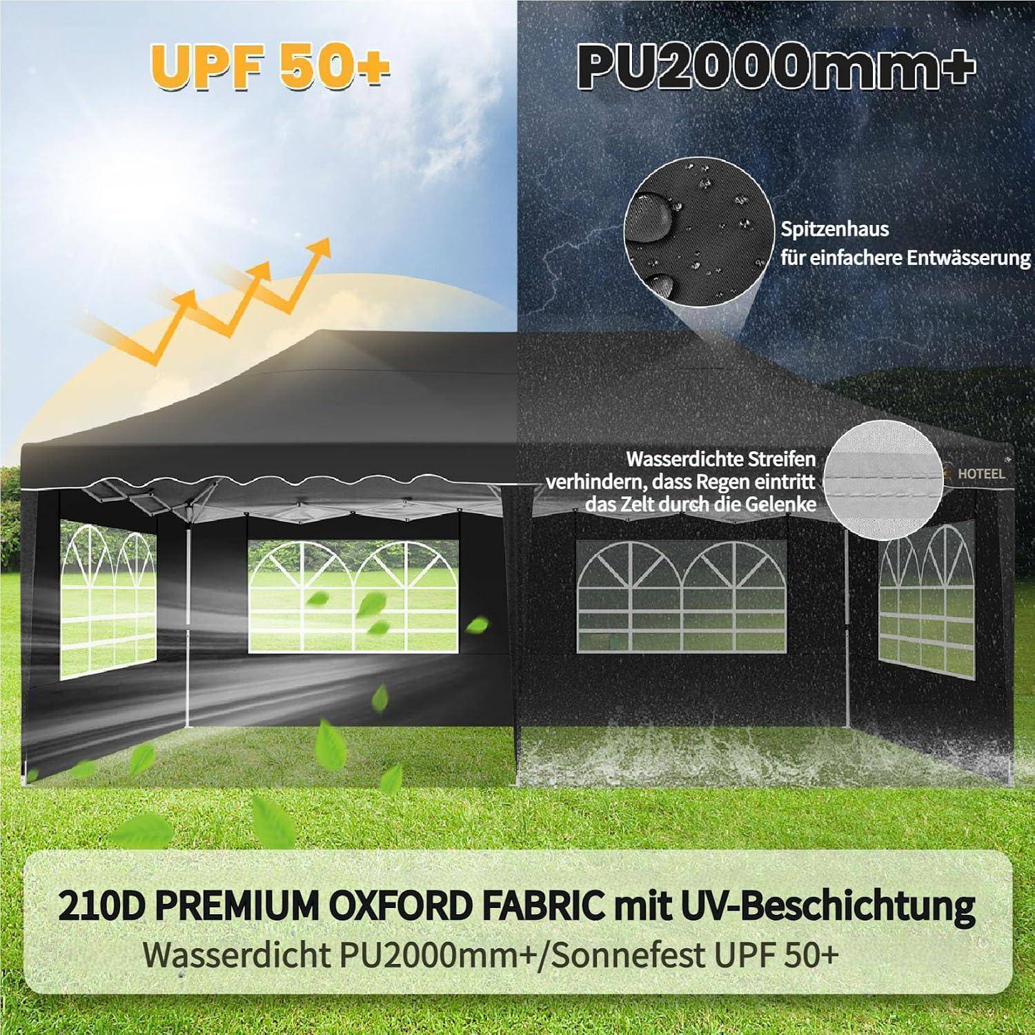 Werbegrafik eines Pavillon-Zeltes mit UV50+ Sonnenschutz und PU2000mm+ wasserdichtem Oxford-Stoff mit beschichteten Nähten und Gipfel für Drainage.