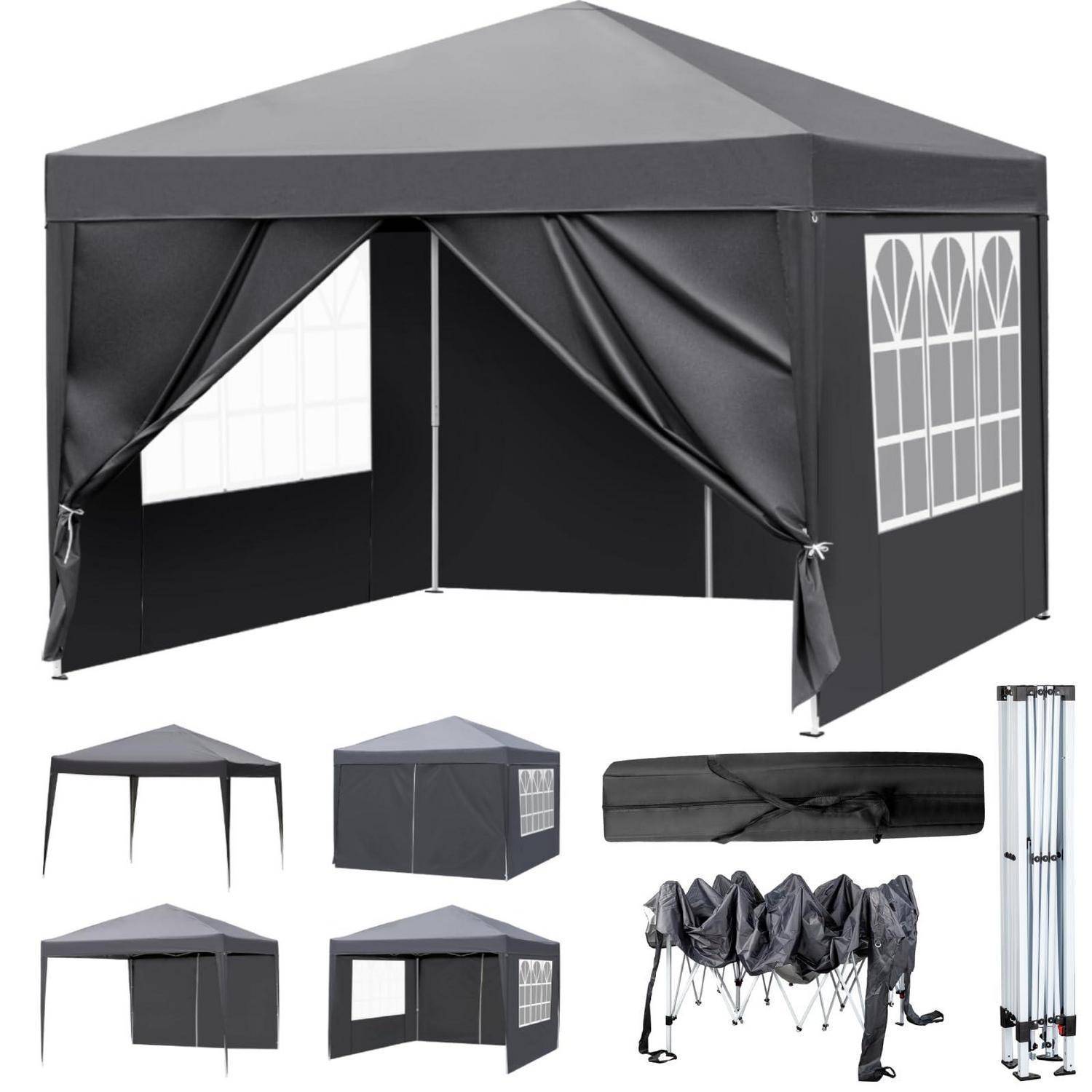 Schwarzes Pop-up-Pavillonzelt mit Seitenwänden und Fendern; eingefügte Bilder zeigen offene, geschlossene, gefaltete und Tragetasche-Ansichten.