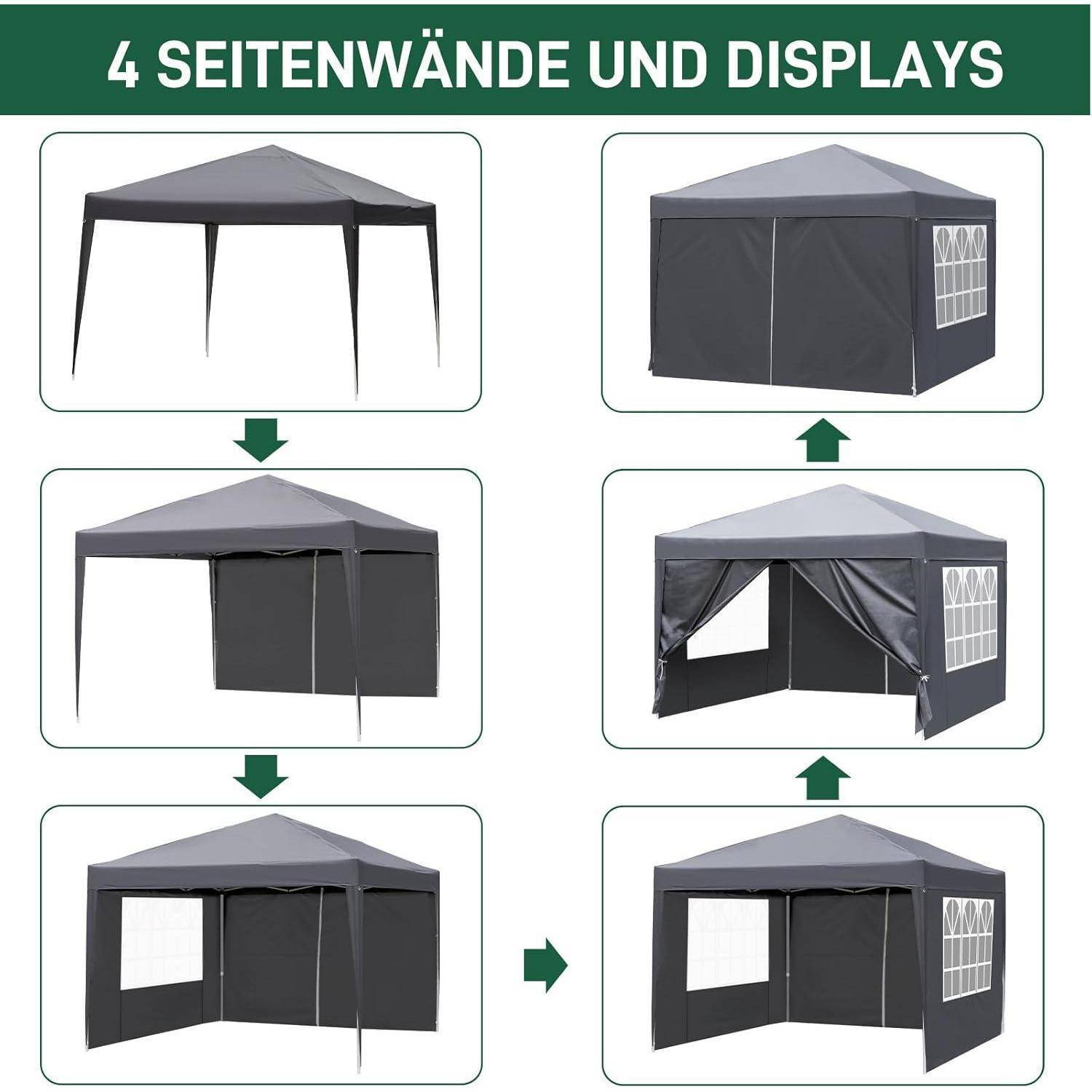 Illustration eines Pop-Up-Baldachins mit vier Seitenwand- und Anzeigetafelkonfigurationen, von einem offenen Rahmen bis zu vollständig geschlossenen Wänden mit Fensterfeldern.