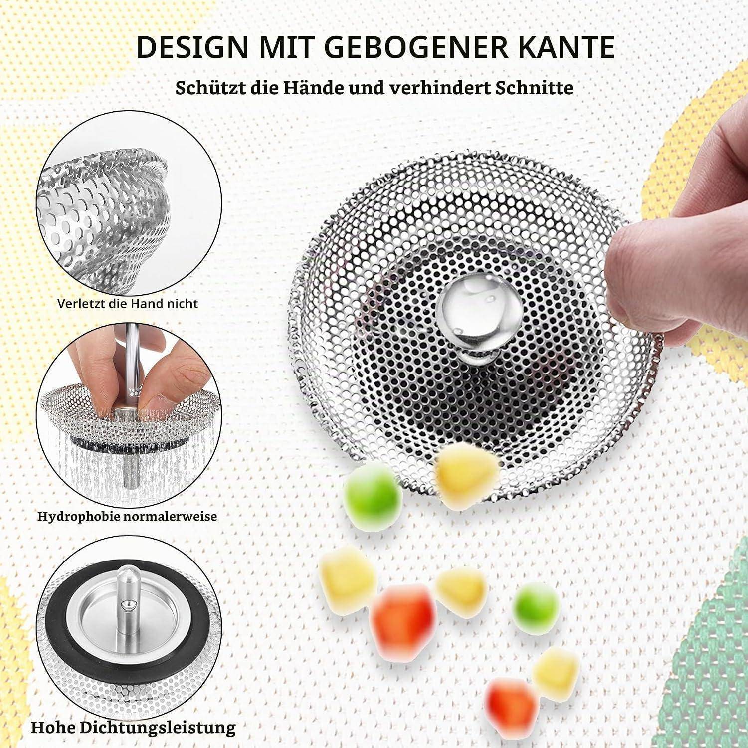 Werbegrafikfik eines Spülbeckensiebs mit gekrümmten Kanten, das Hände schützt und Schnitte verhindert, mit Hinweisen auf keine Handverletzungen, hydrophobe Wirkung und starke Abdichtungsleistung.