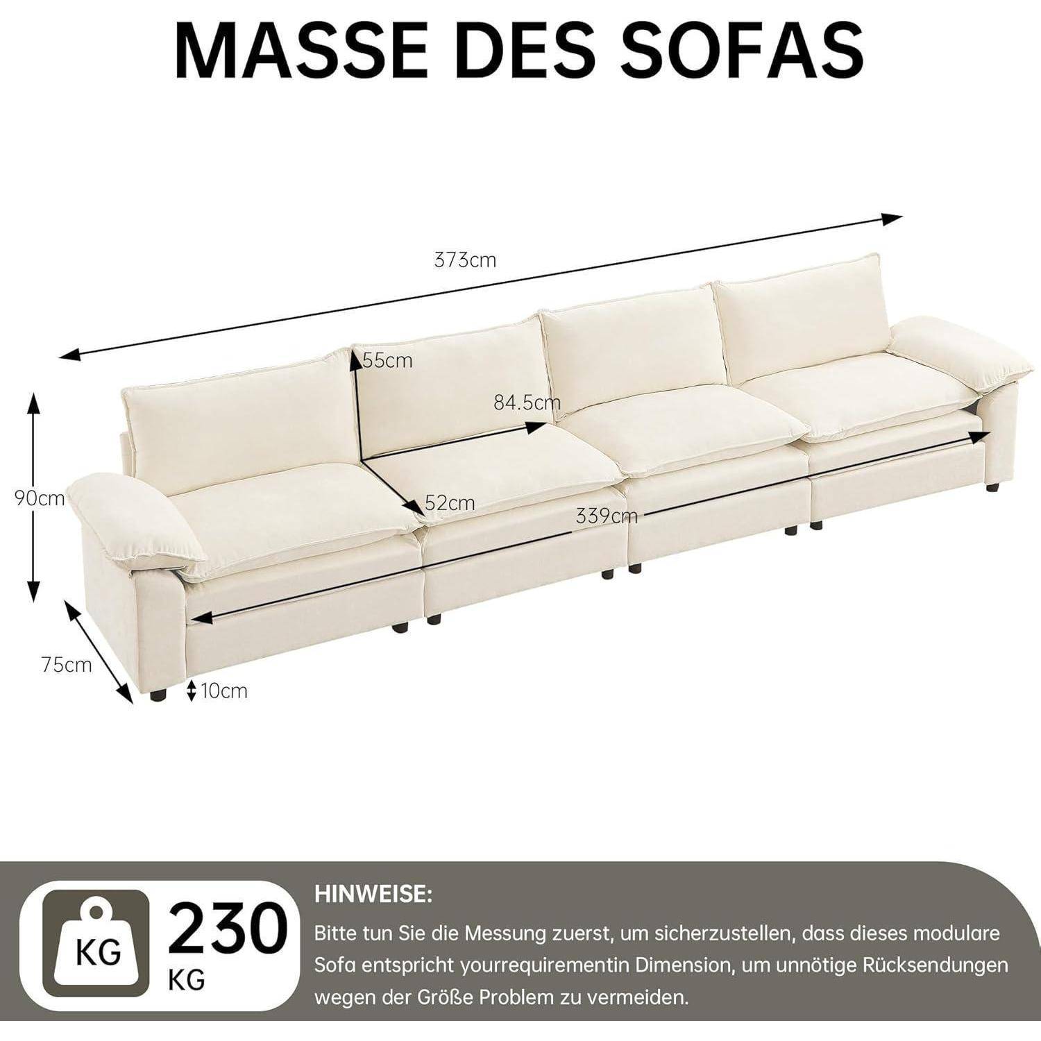 Diagramm eines modularen Creme-Sofas mit Maßen: 373 cm Länge, 90 cm Höhe, 75 cm Tiefe, 230 kg Gewicht und beschrifteten Sitzdimensionen.