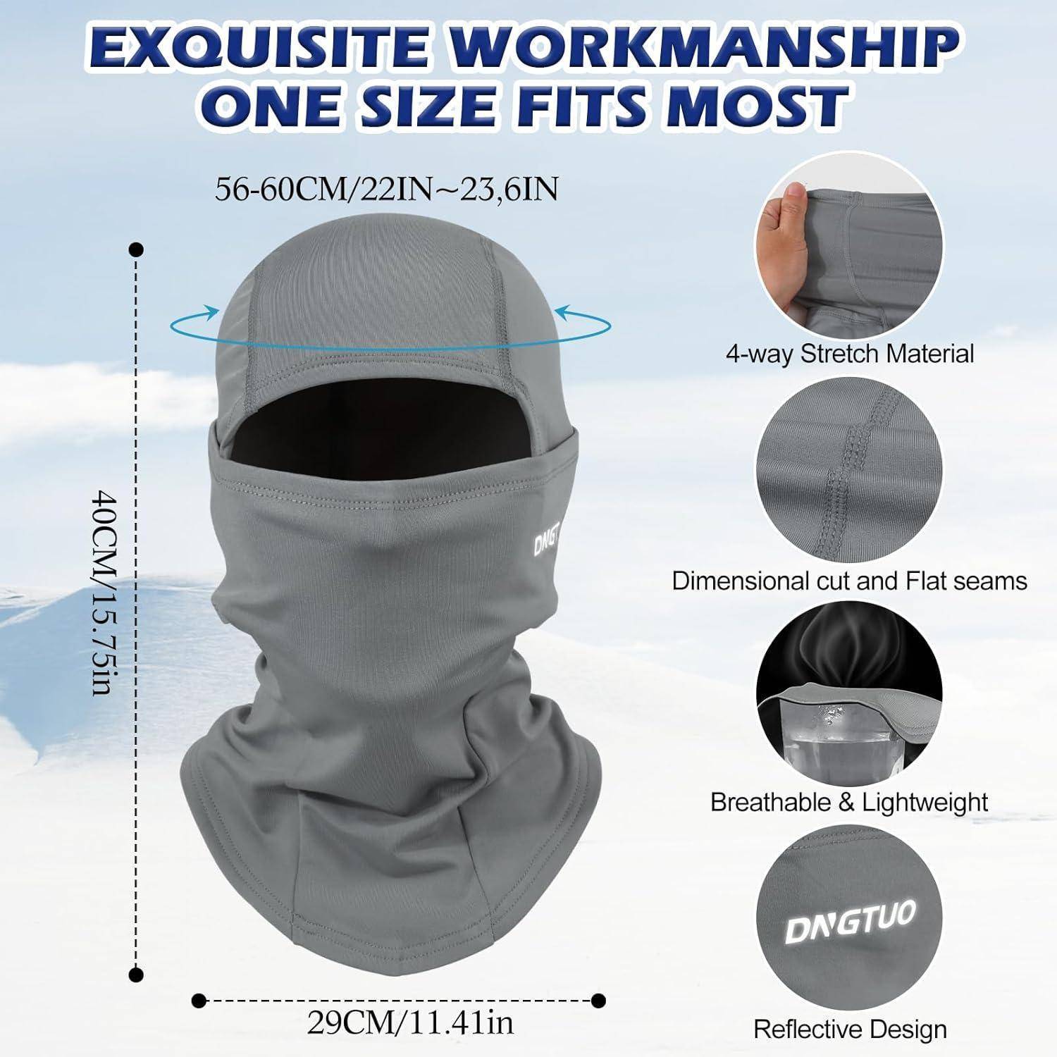 Graue Sturmhaube mit Gesichtsabdeckung, gezeigt mit Maßangaben und Funktionserklärungen: Universalgröße, 4-Wege-Stretchstoff, atmungsaktiv, leicht, reflektierendes Design.