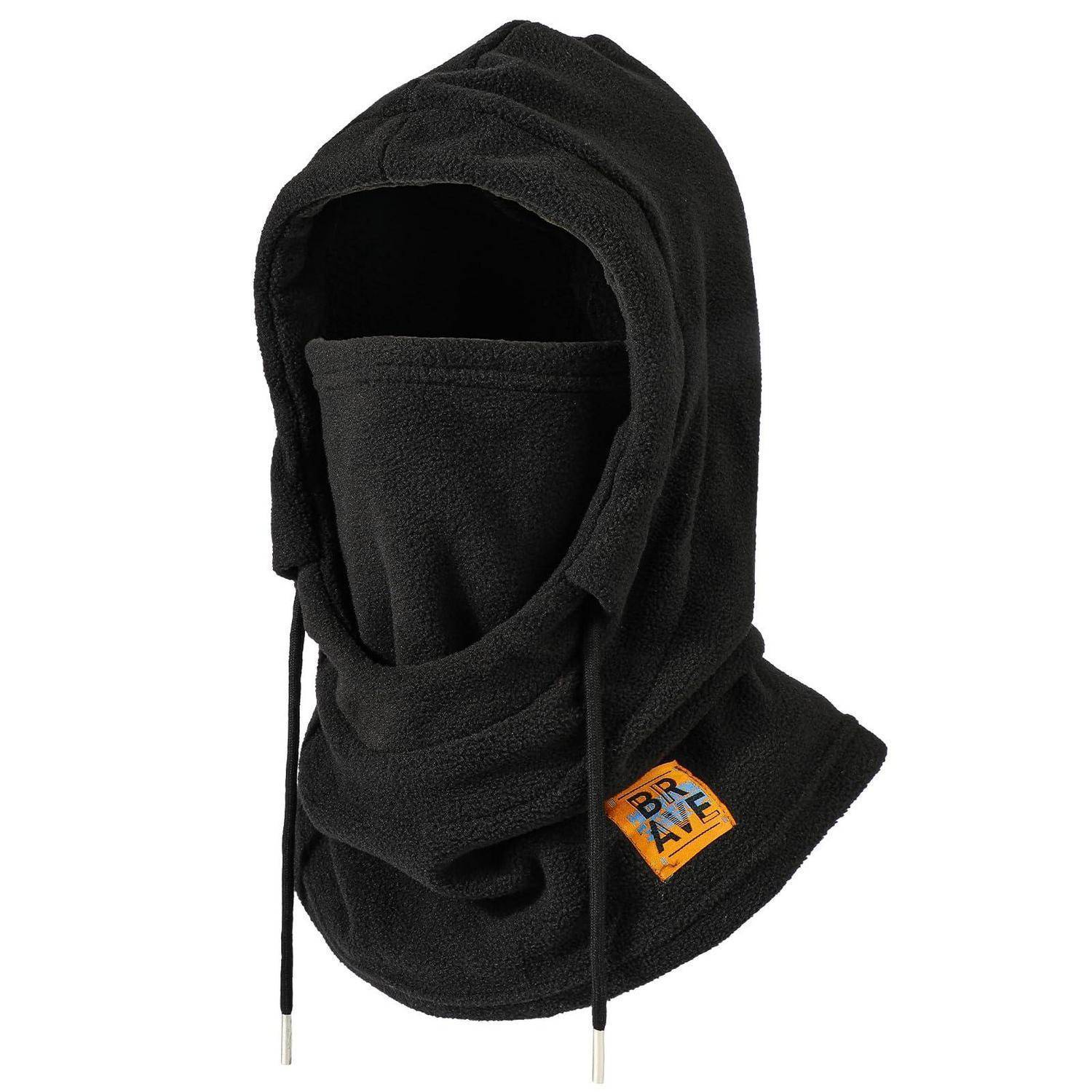 Schwarze Fleece-Kapuzenkopfbedeckung mit Kordelzügen und einem kleinen orangefarbenen Logo-Patch