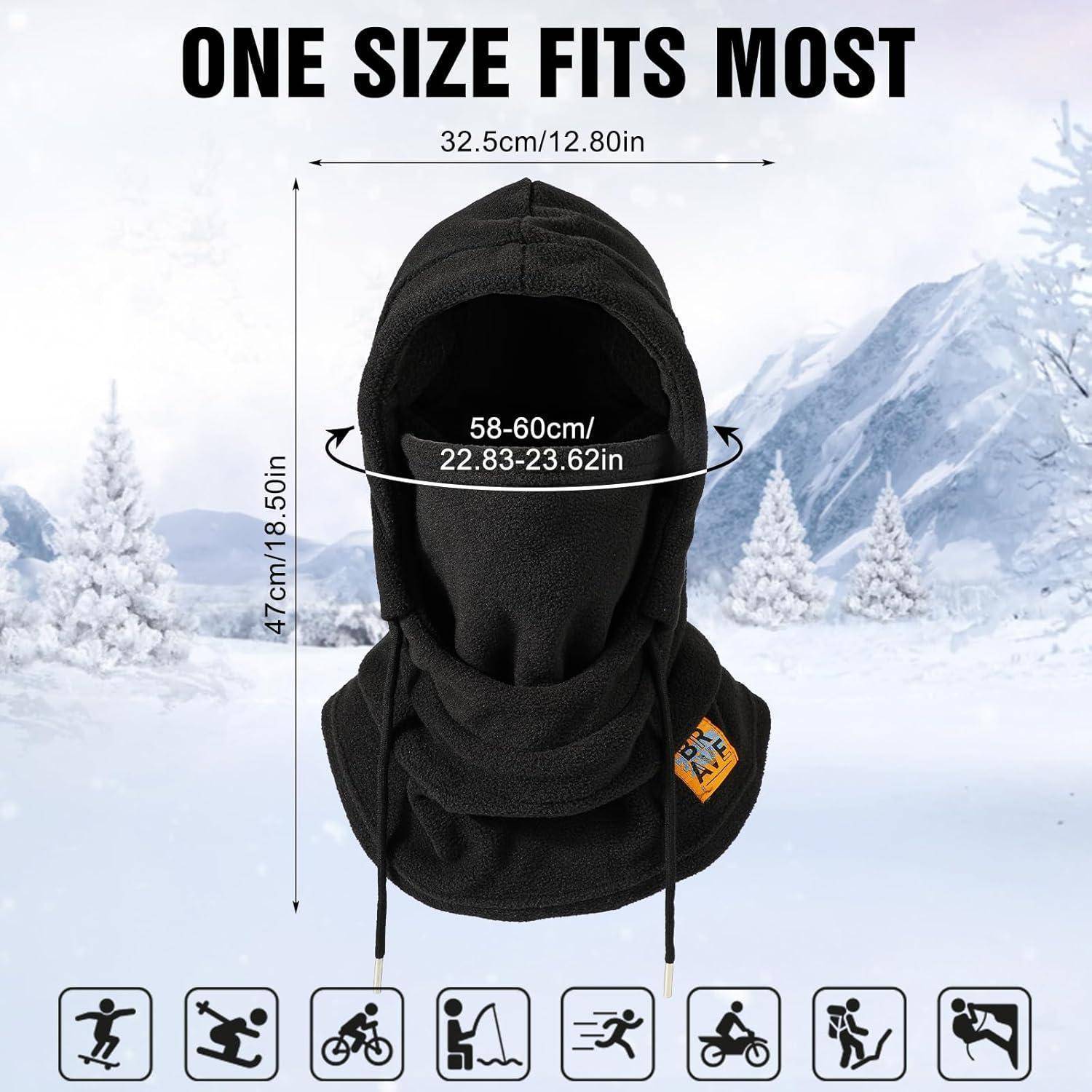 Schwarze Winterbalaclava-Haube mit Größenmessungen: 32,5 cm breit, 47 cm hoch, passt für Kopfumfang von 58–60 cm.