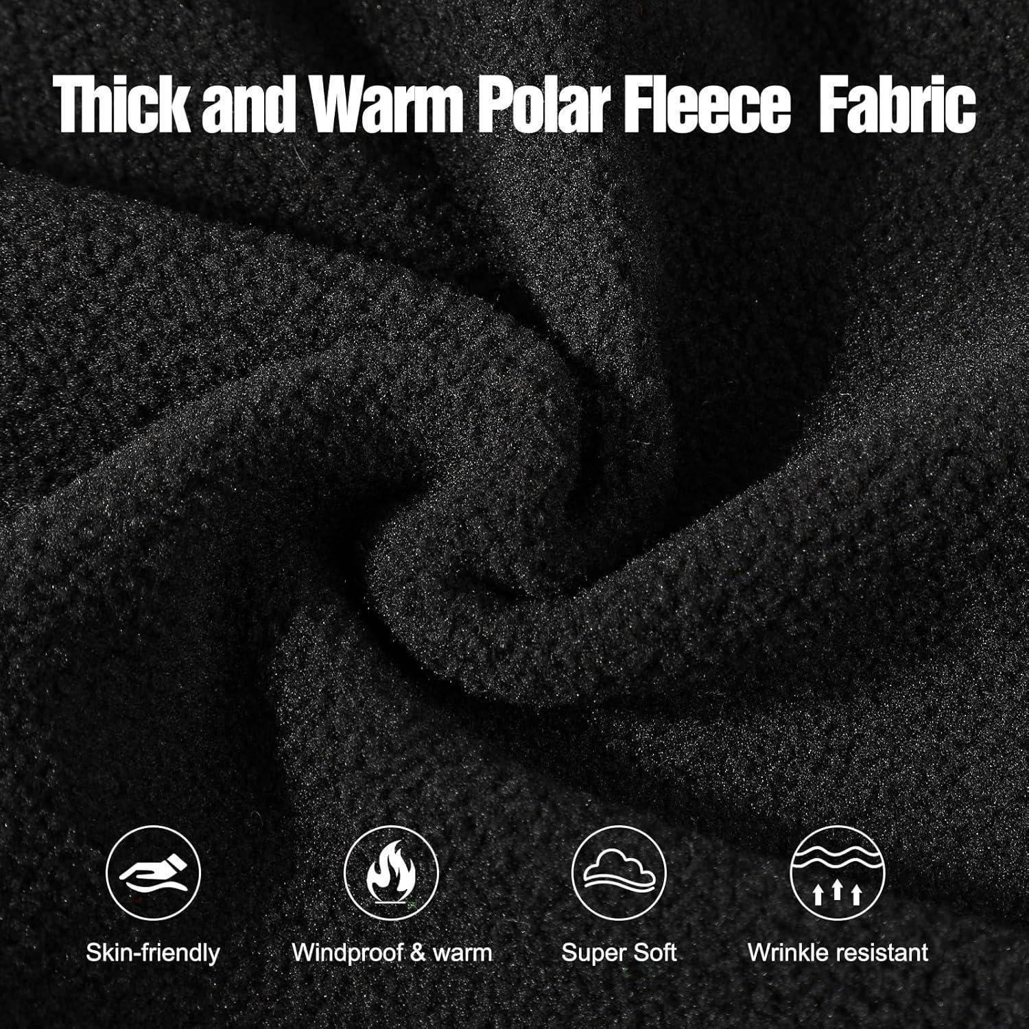 Nahaufnahme von schwarzem Polar-Fleece-Stoff mit Text „Dicker und warmer Polar-Fleece-Stoff