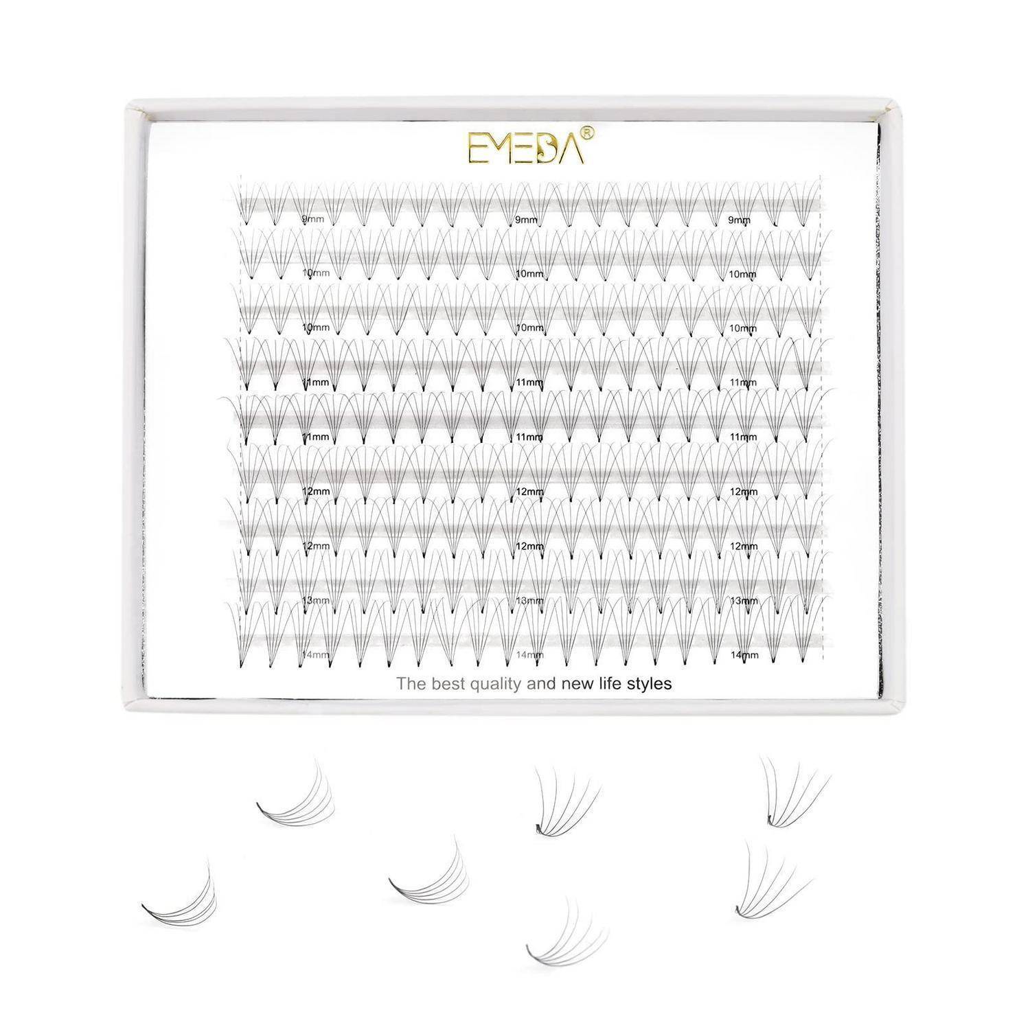 # EMESA Wimpernverlängerungen - Displaybox mit mehreren Probenmuster für Wimpernkrümmung/Länge und lockeren Wimpernbüscheln darunter.