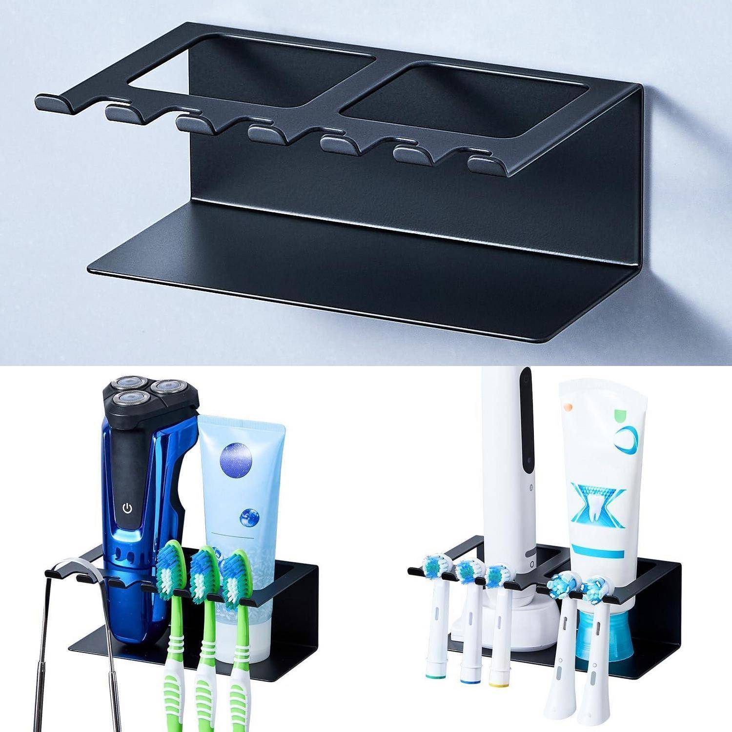 Schwarzer an der Wand montierter Badezimmerorganizer mit zwei Regalen und vorderen Schlitzen für Zahnbürsten, entwickelt zum Halten von elektrischen Zahnbürsten und Zahnpastatuben.