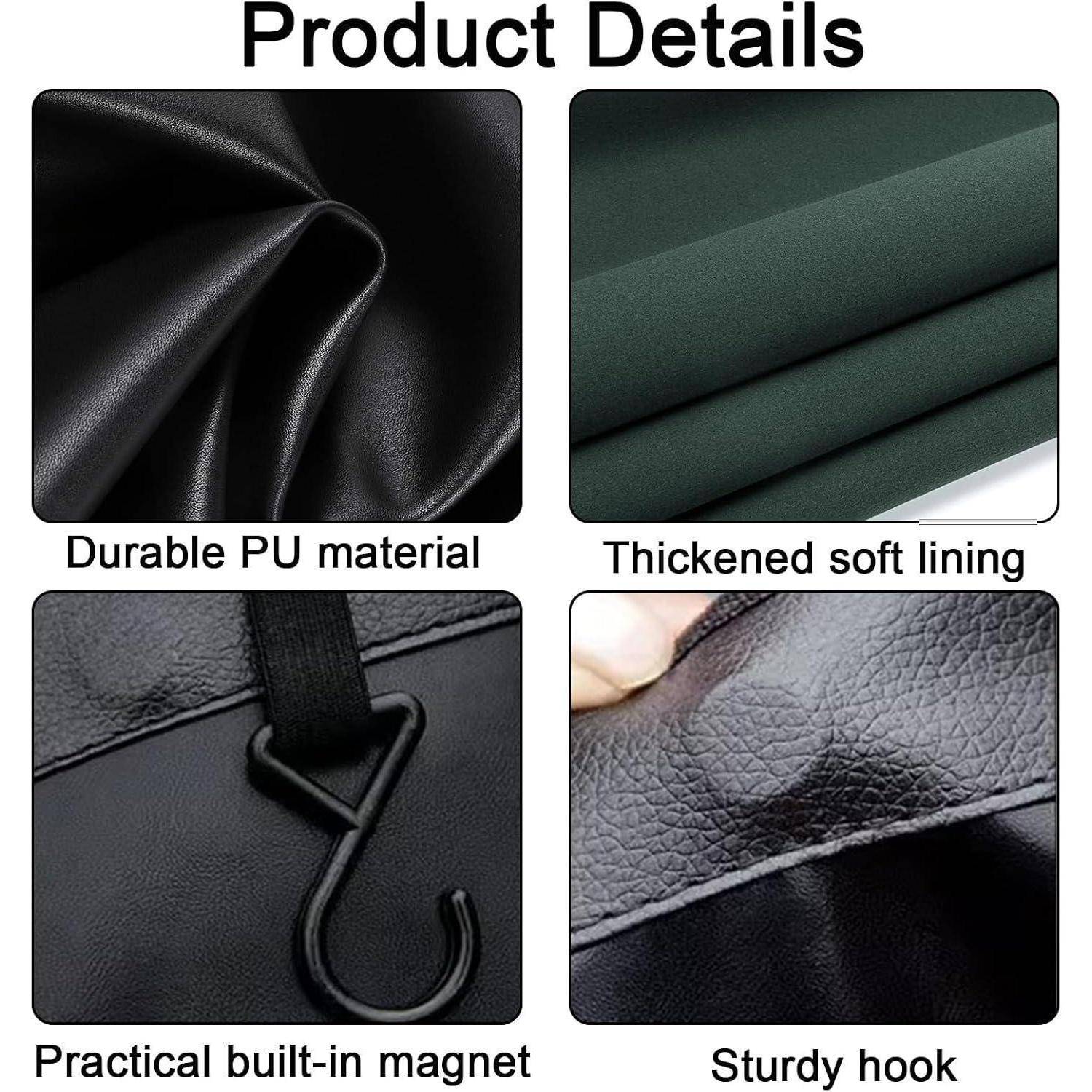 Produktdetail-Grafik zeigt langlebiges PU-Material, verdickte weiche Auskleidung, praktischen eingebauten Magneten und robuste Klappe.