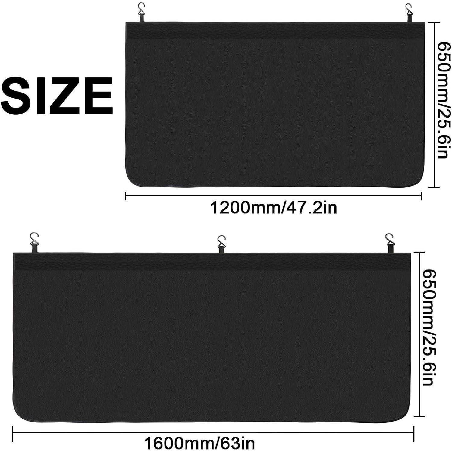 Größentabelle mit einem schwarzen Hängeparavant in zwei Breiten: 1200 mm x 650 mm und 1600 mm x 650 mm.