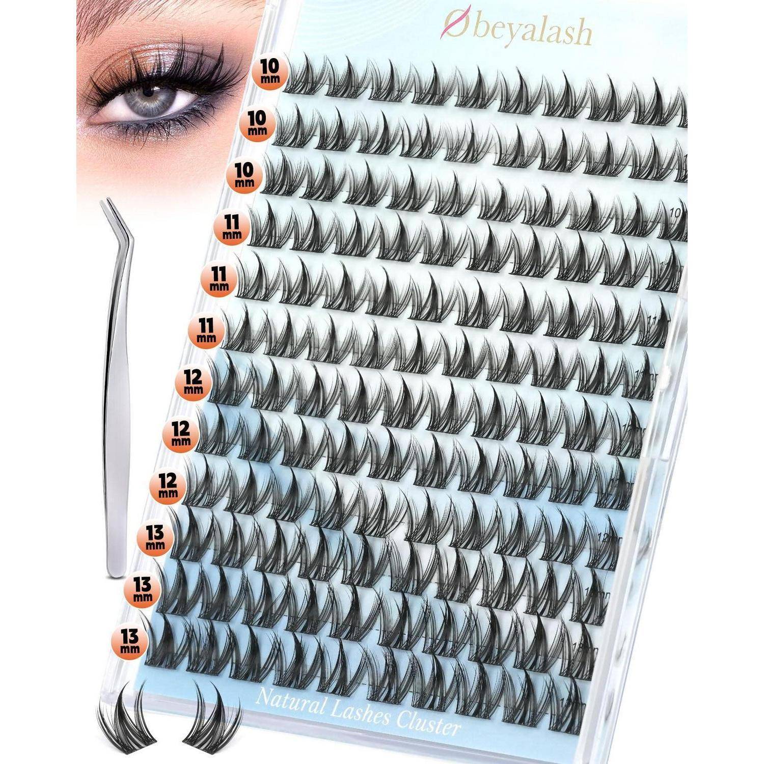BeYalash natürliches Wimpernbüschel-Tablett mit Pinzette, das mehrere künstliche Wimpernlängen mit Beschriftungen von 10 mm bis 13 mm und ein Nahaufnahmebeispiel des Auges zeigt.