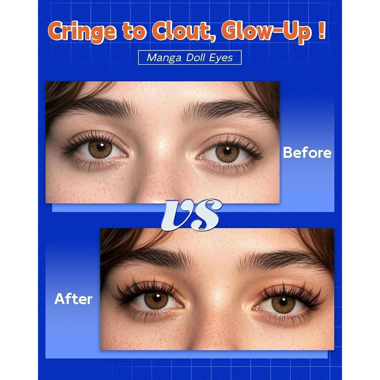 Vorher-und-Nachher-Grafik zeigt Manga-Puppenaugen-Make-up: natürliche braune Augen im Vergleich zu größeren Augen mit langen Wimpern und verstärktem Eyeliner.