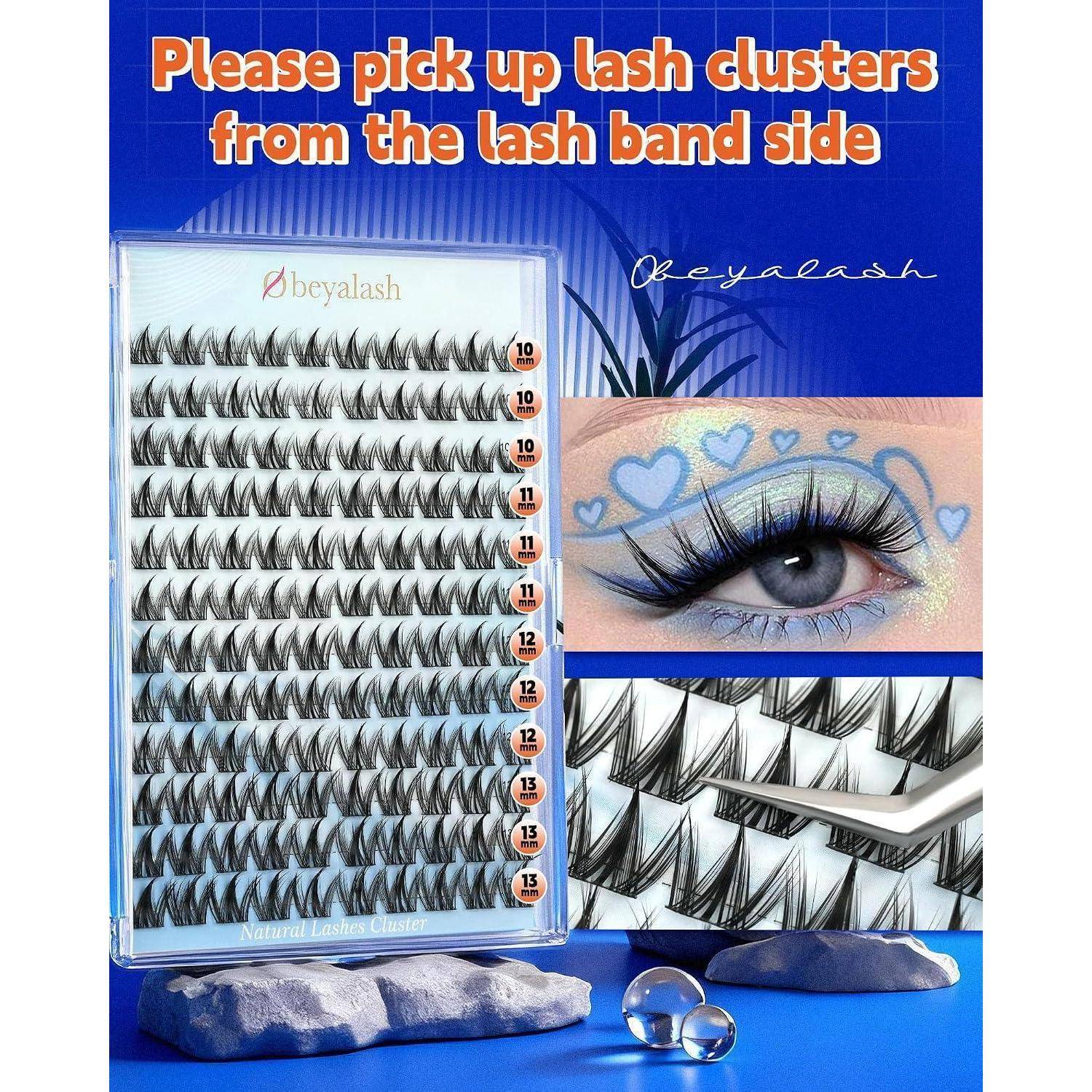 Produktanzeige für Wimpernbüschel mit der Anweisung „Bitte nehmen Sie die Wimpernbüschel von der Wimpernbandseite ab