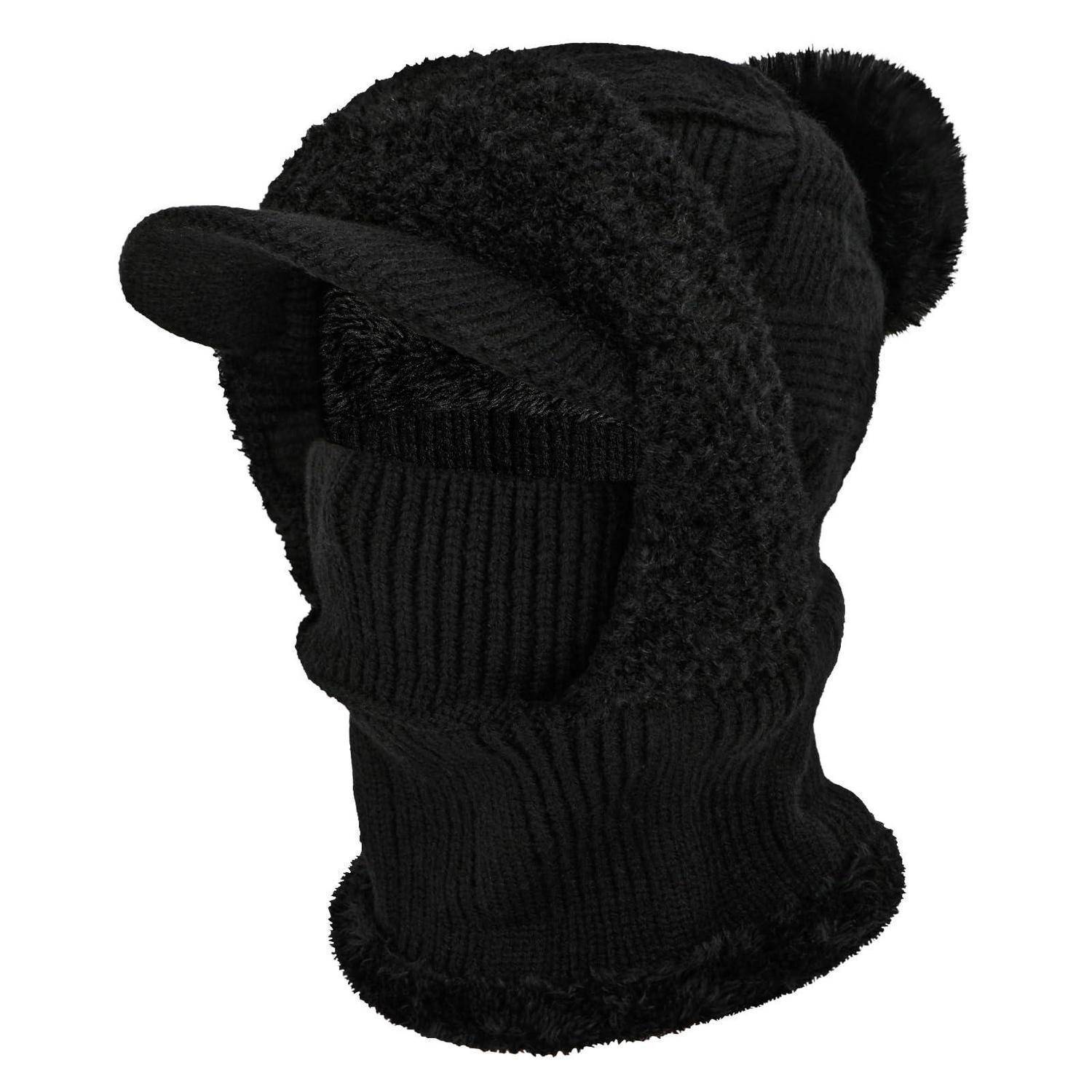 Schwarze gestrickte Winterbalaklavamütze mit Krempe und Pompon, auf weißem Hintergrund abgebildet.
