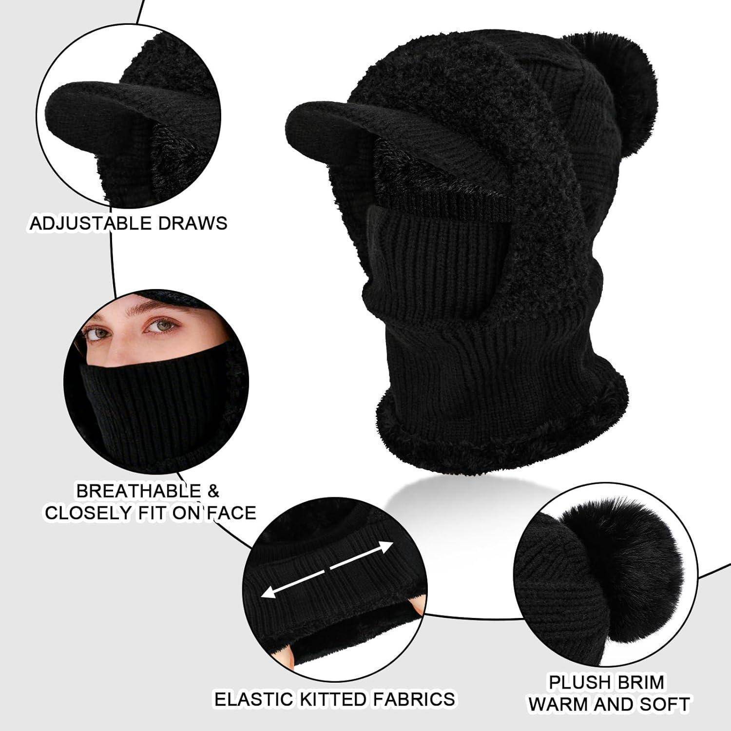 Schwarze gestrickte Sturmhaube mit Ohrenschutz, dargestellt in Nahaufnahmen, die verstellbare Zugkordeln, atmungsaktive Passform im Gesichtsbereich, elastisches Strickgewebe und wärmenden Plüschrand hervorheben.