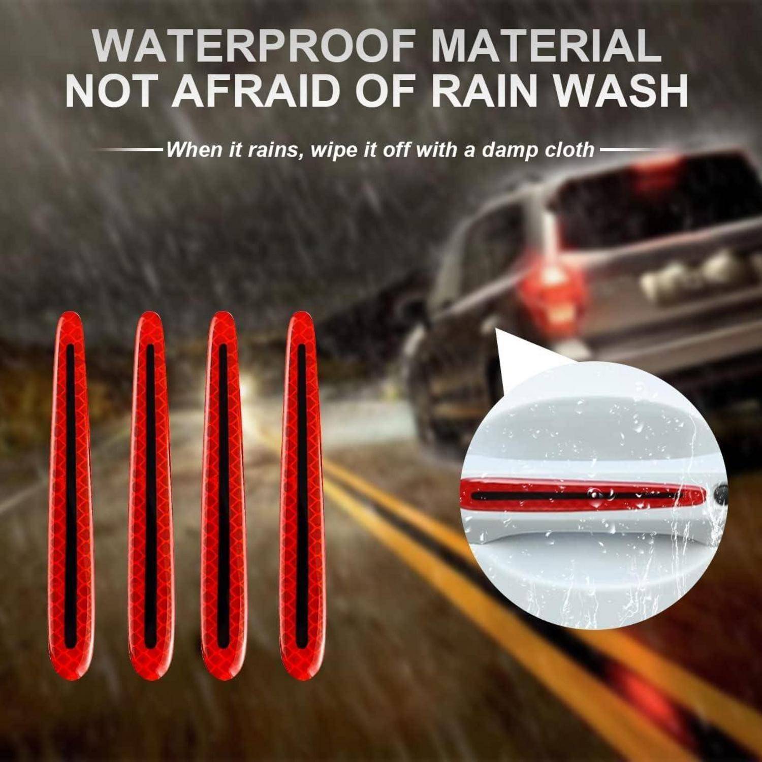 Werbung für ein wasserdichtes Material, das rote Musterstücke und ein Auto im starken Regen zeigt, mit dem Text „Wenn es regnet, einfach mit einem feuchten Tuch abwischen