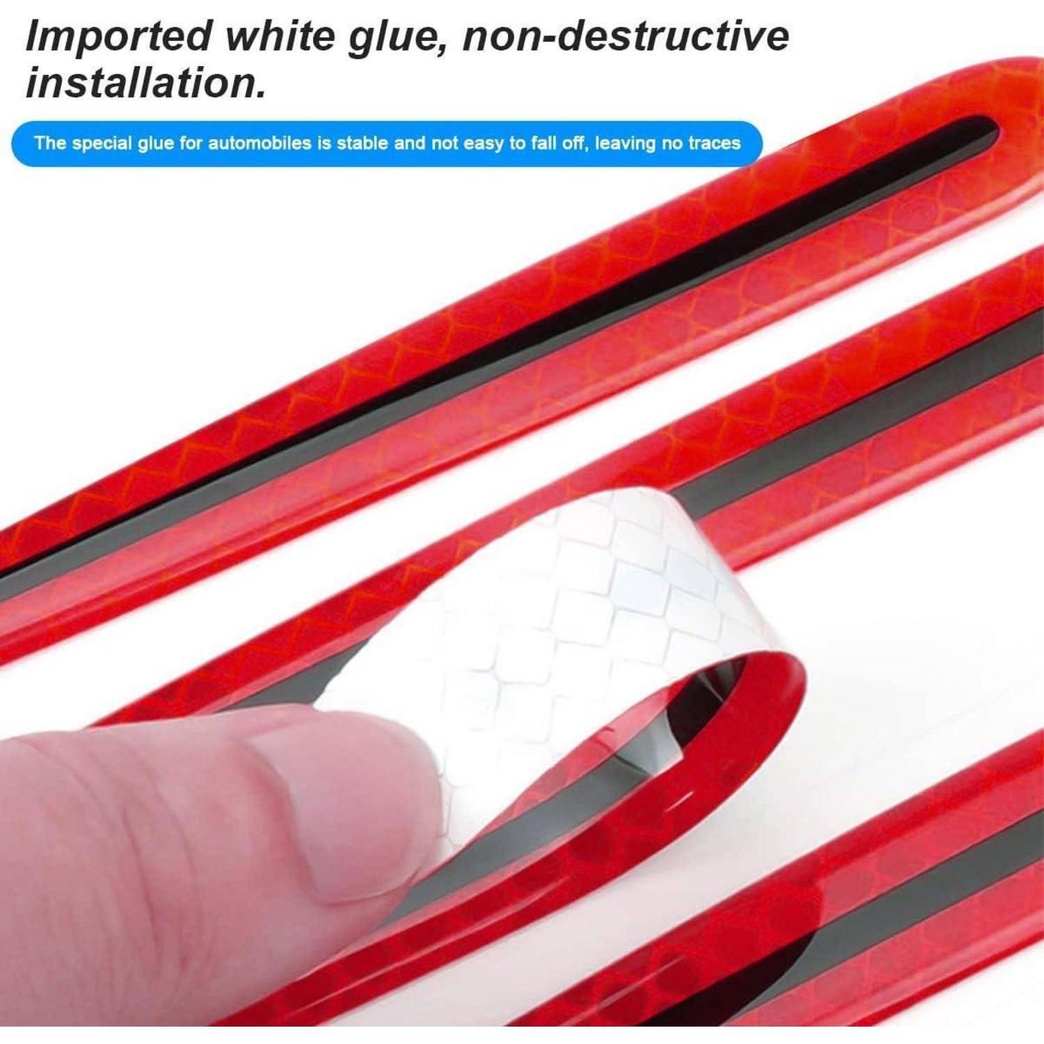 Nahaufnahme eines Fingers, der einen weißen Klebestreifen von einer glänzenden roten Leiste abzieht; der Text besagt „Importierter weißer Klebstoff, zerstörungsfreie Installation