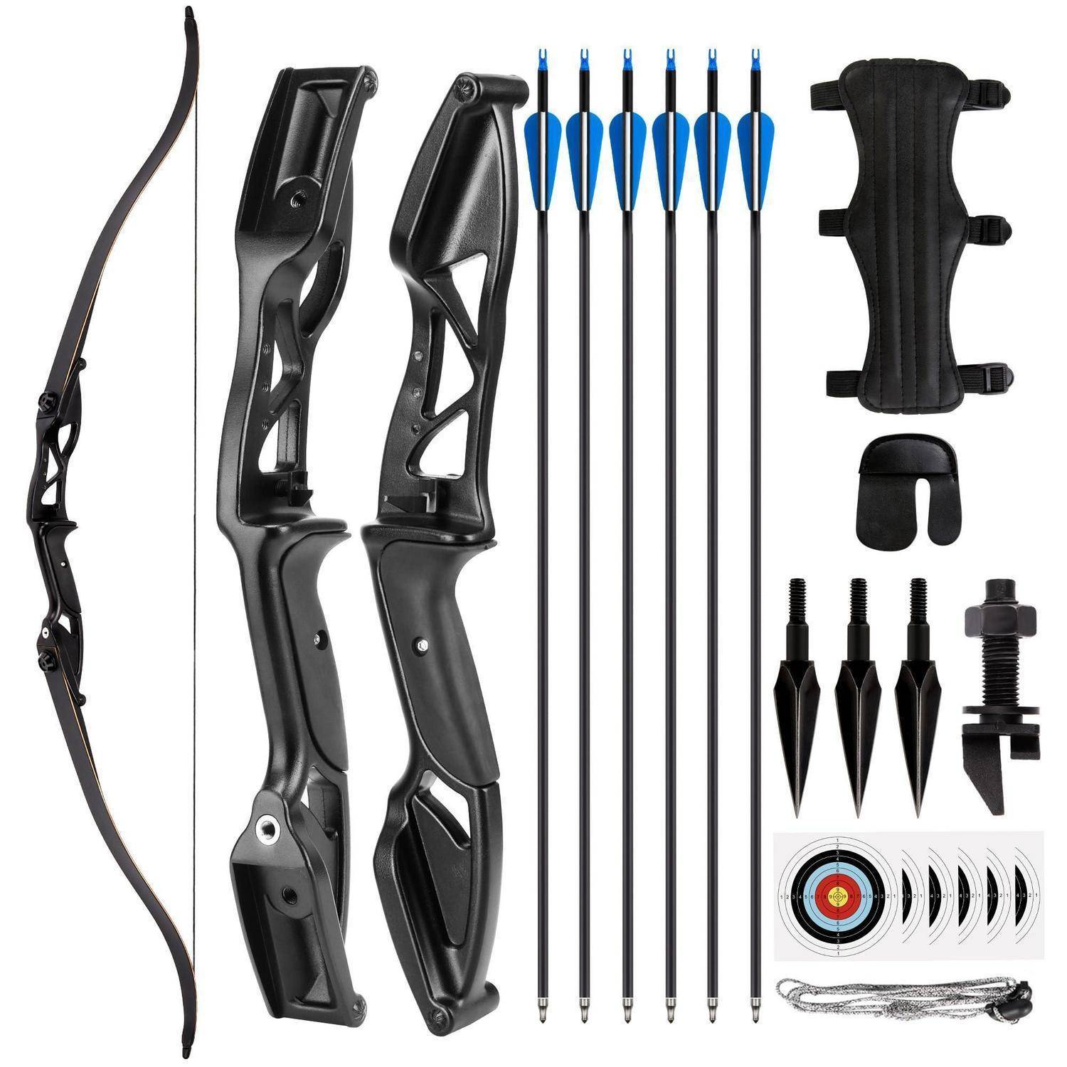 Bogenschießen-Recurvebogen-Set mit Griffstück, Bogenschenkel, sechs Pfeilen, Armschutz, Fingertab, Pfeilspitzen, Bogensehne-Schnur, Zielscheibe und Bogensehne.