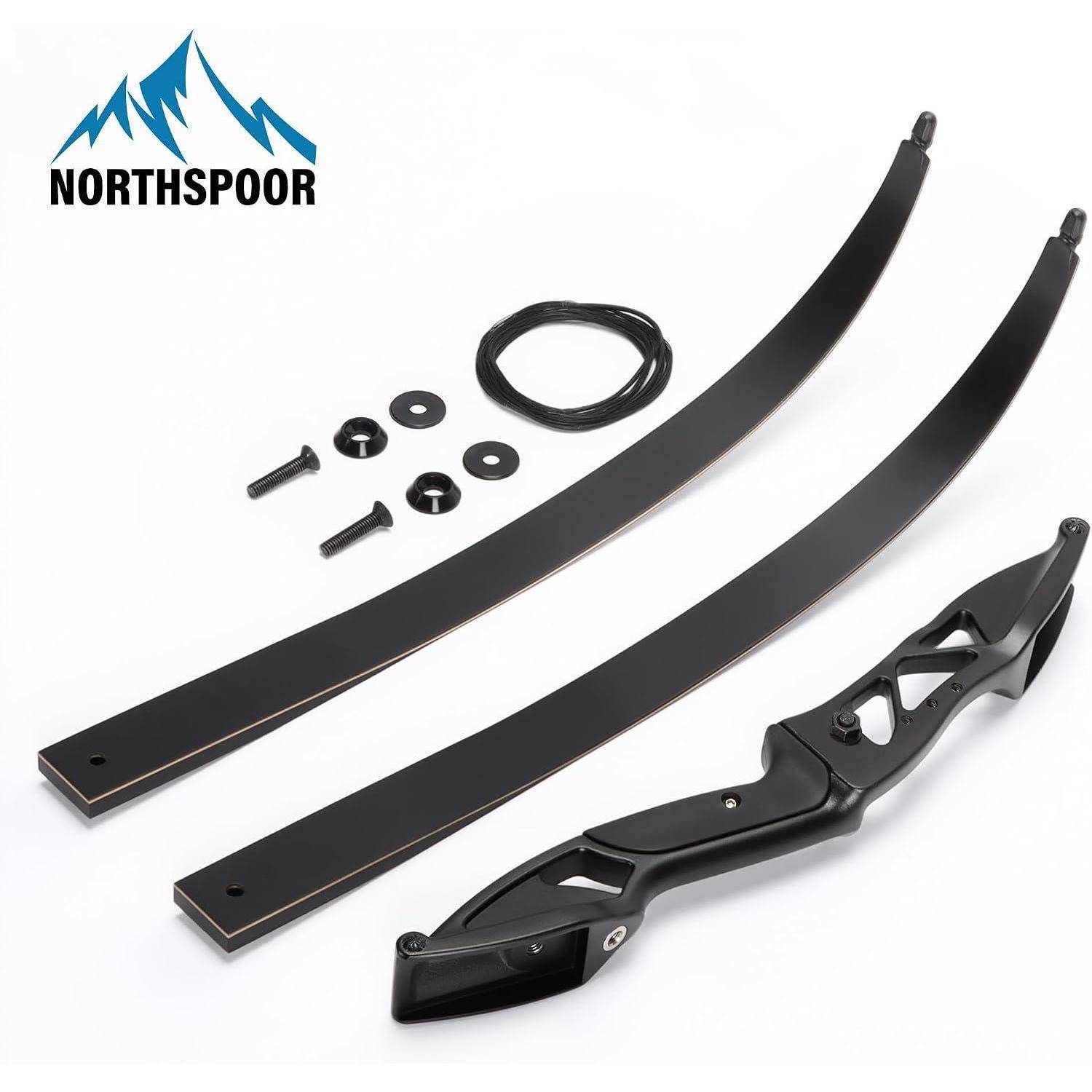 Northspoor-Bogenlimb-Set mit zwei gekrümmten schwarzen Gliedmaßen, Griffstück, Sehne und Montagezubehör auf weißem Hintergrund.