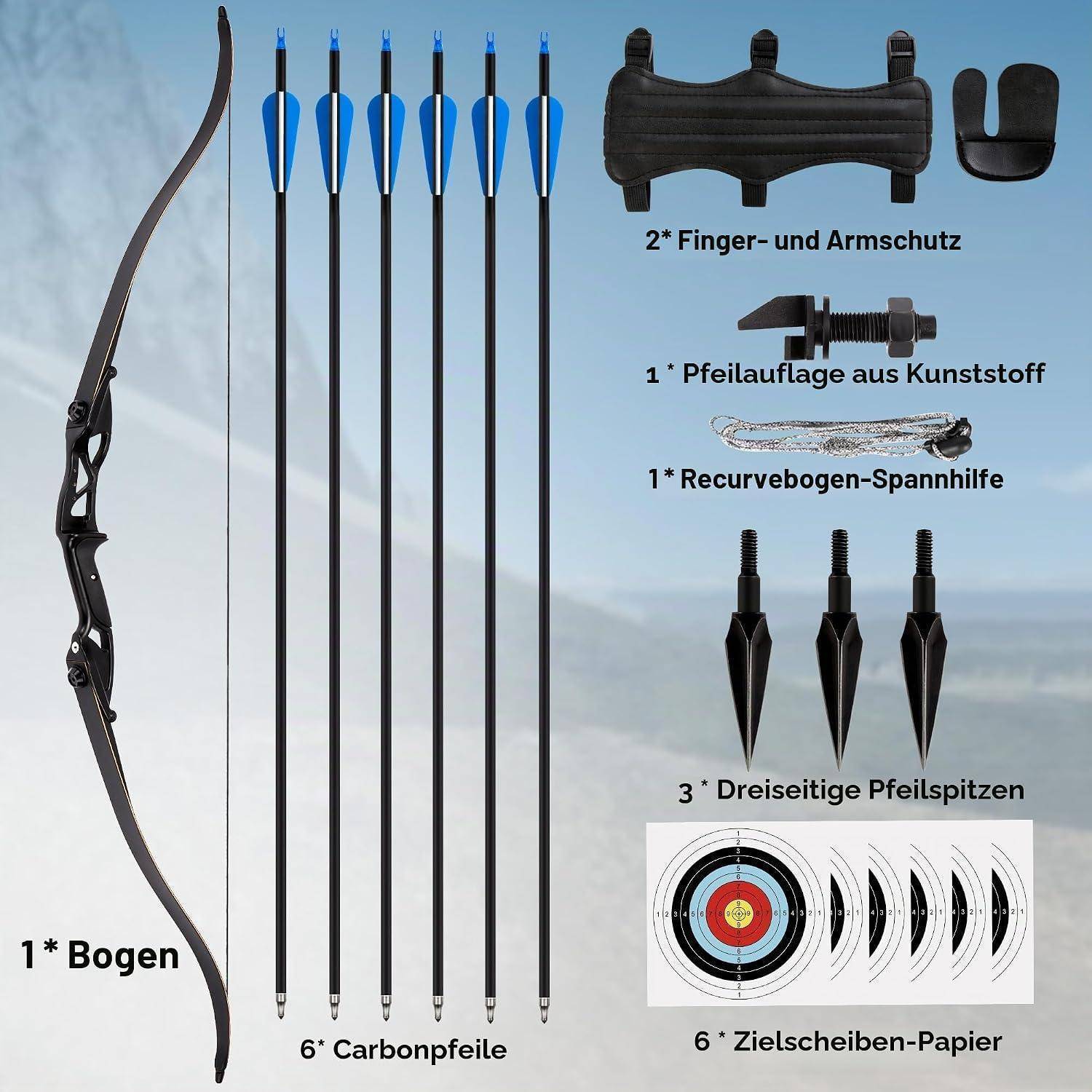 Bogenschießausrüstung mit 1 Bogen, 6 Carbonpfeilen, 2 Finger- und Armschonern, 1 Kunststoff-Pfeilauflage, 1 Recurvebogen-Abzughilfe, 3 Breitköpfen und 6 Zielscheiben.